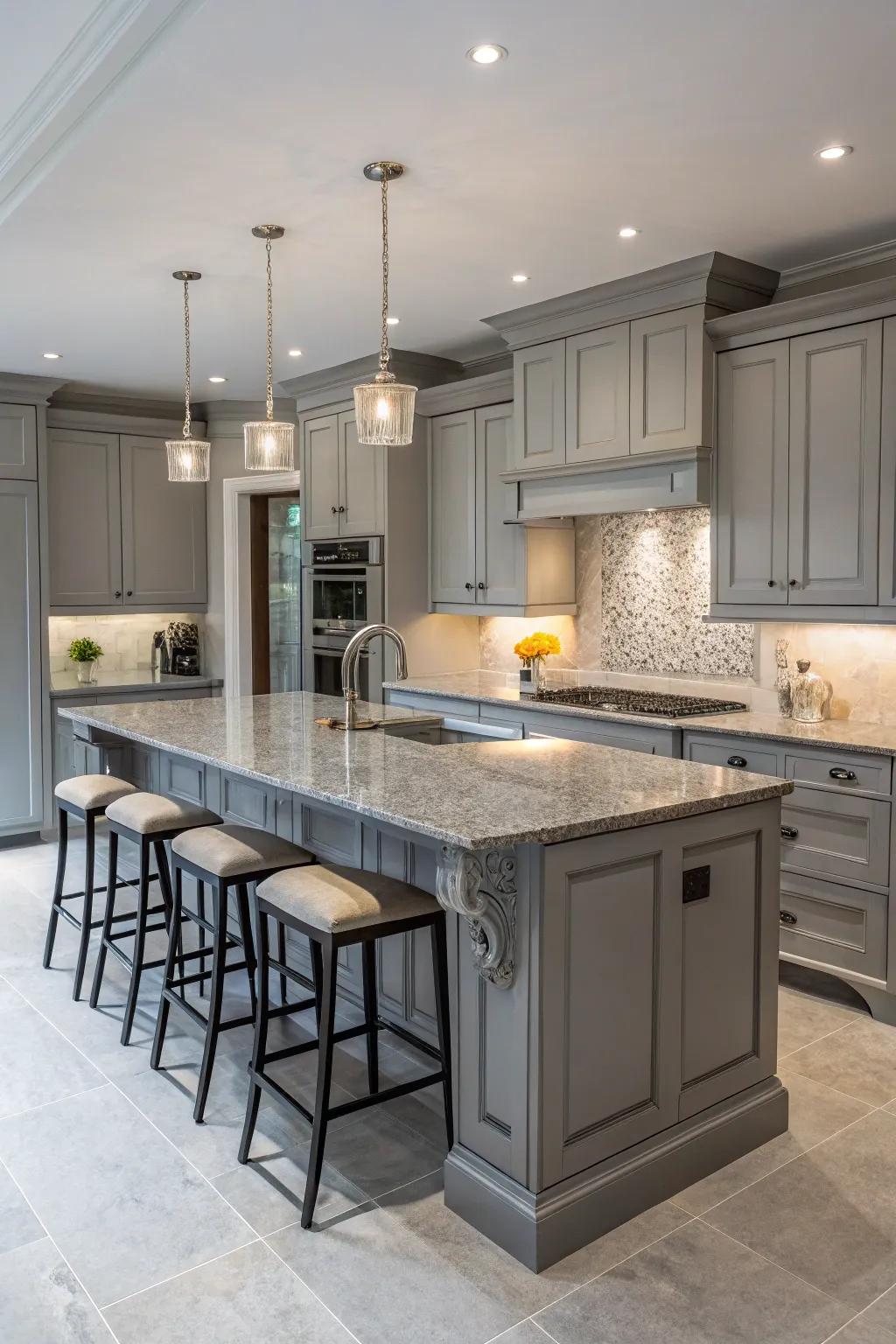 A cooking island adds functionality and style to a grey kitchen.