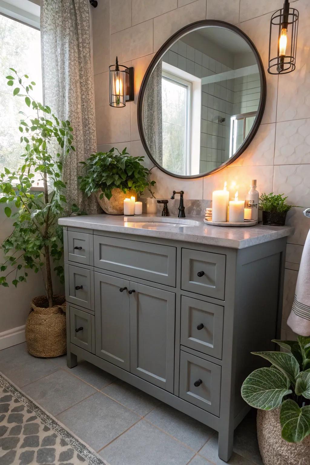 Decorative accents such as plants and candles add warmth to the grey vanity.