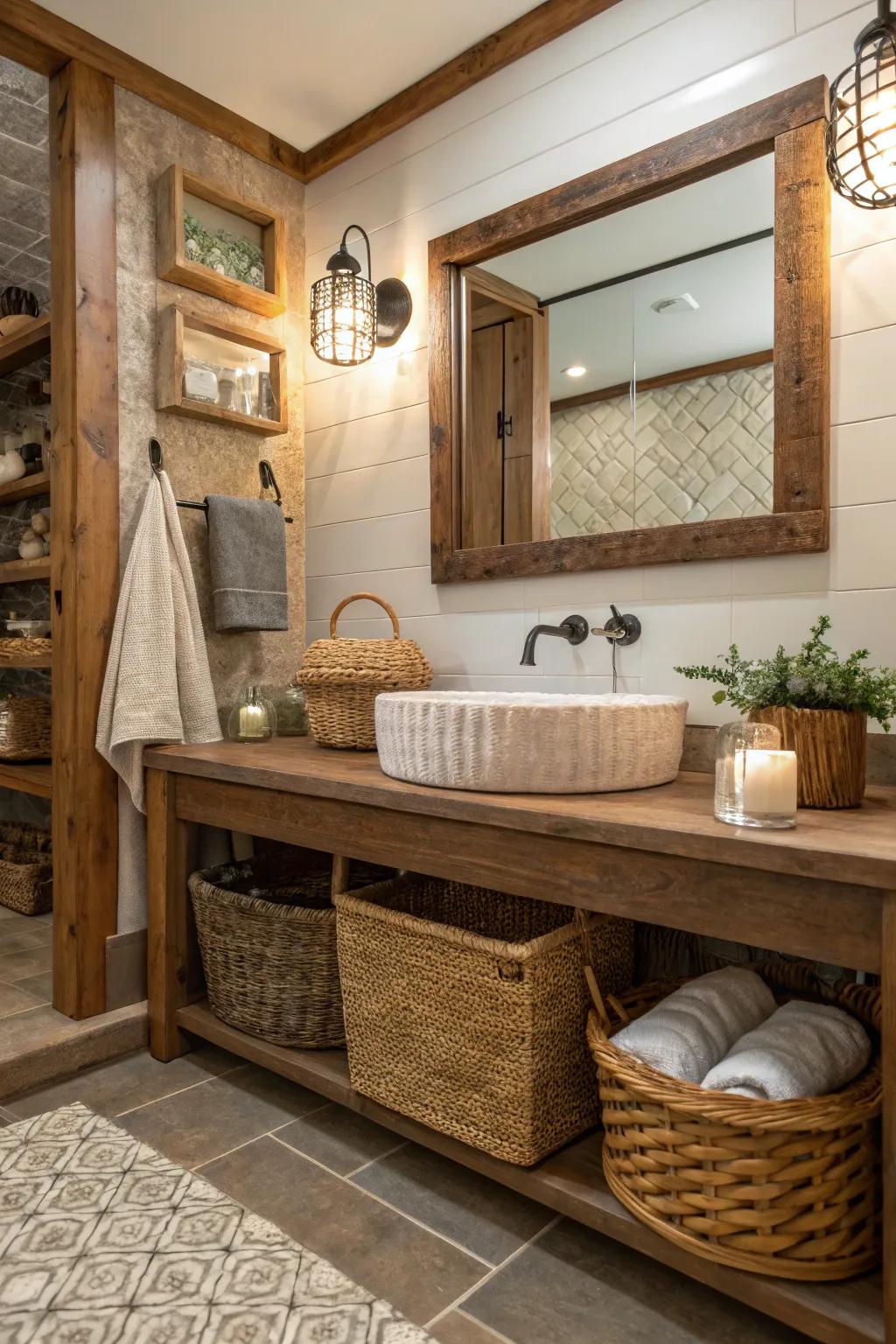 A guest bathroom designed with textured elements like woven baskets and wooden accents.
