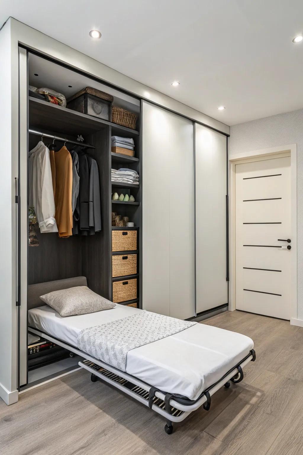 A rollaway bed that disappears into the closet, ready when needed.