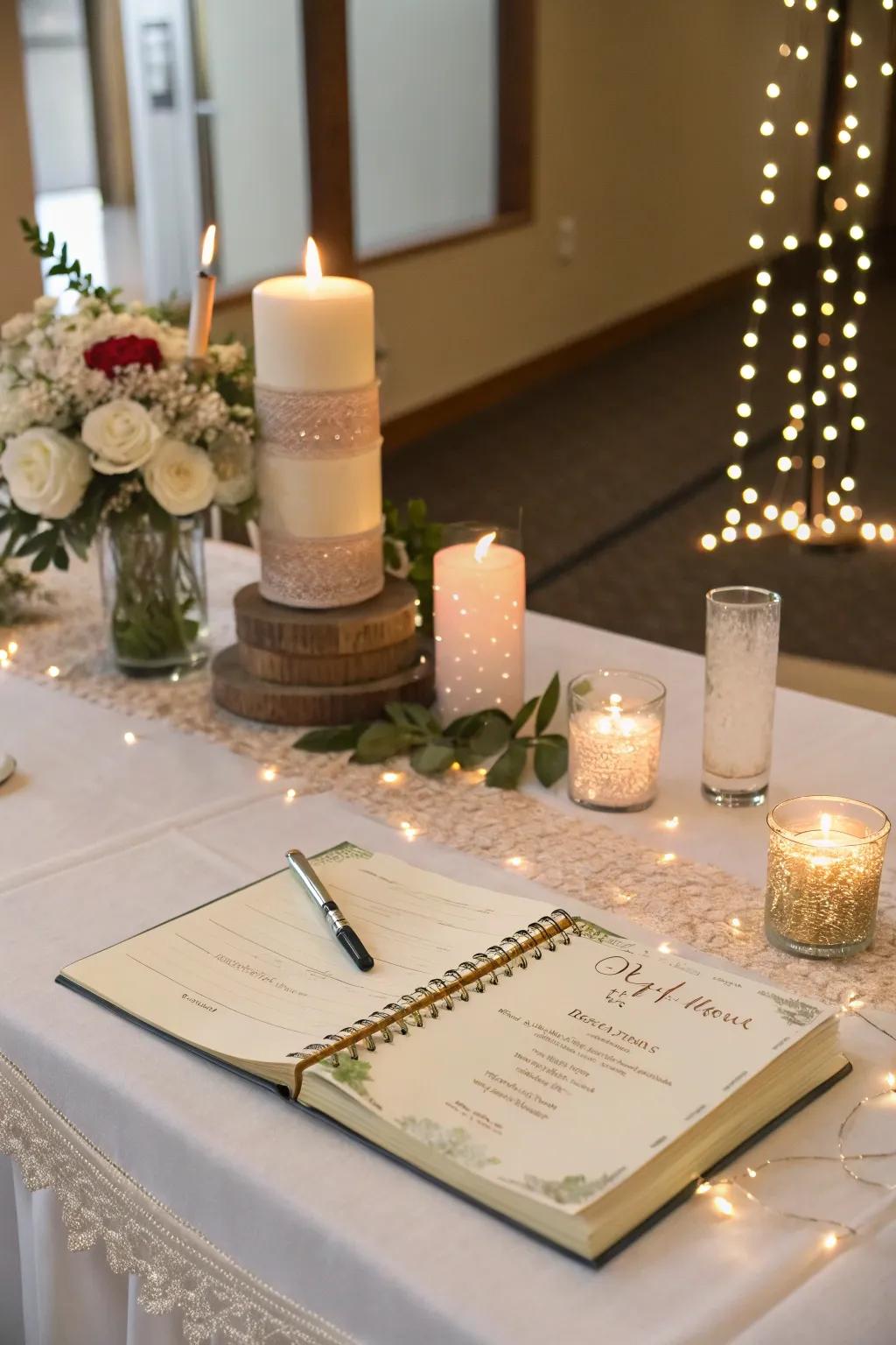 Illuminations add a cozy, inviting radiance to the guest book display.