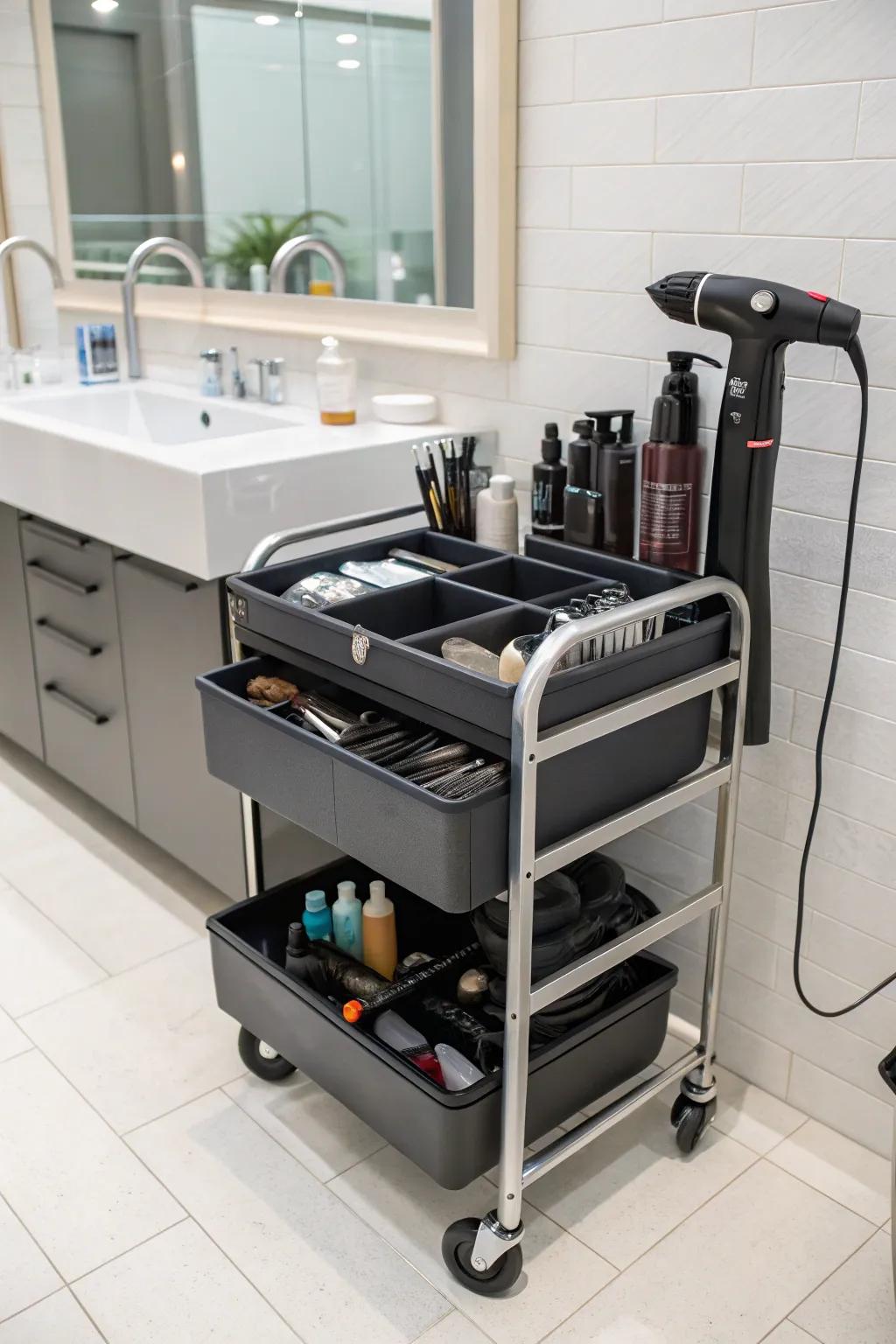 A flexible rolling cart keeps hair products tidy and easy to move.