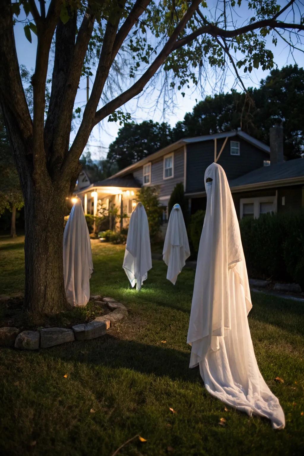 Drifting ghost-like shapes creating a haunting environment.