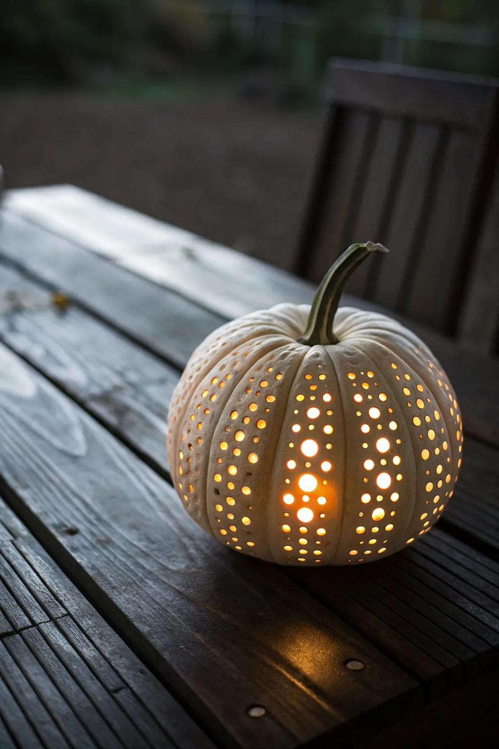 Sophisticated dot patterns transform pumpkins into captivating lanterns.