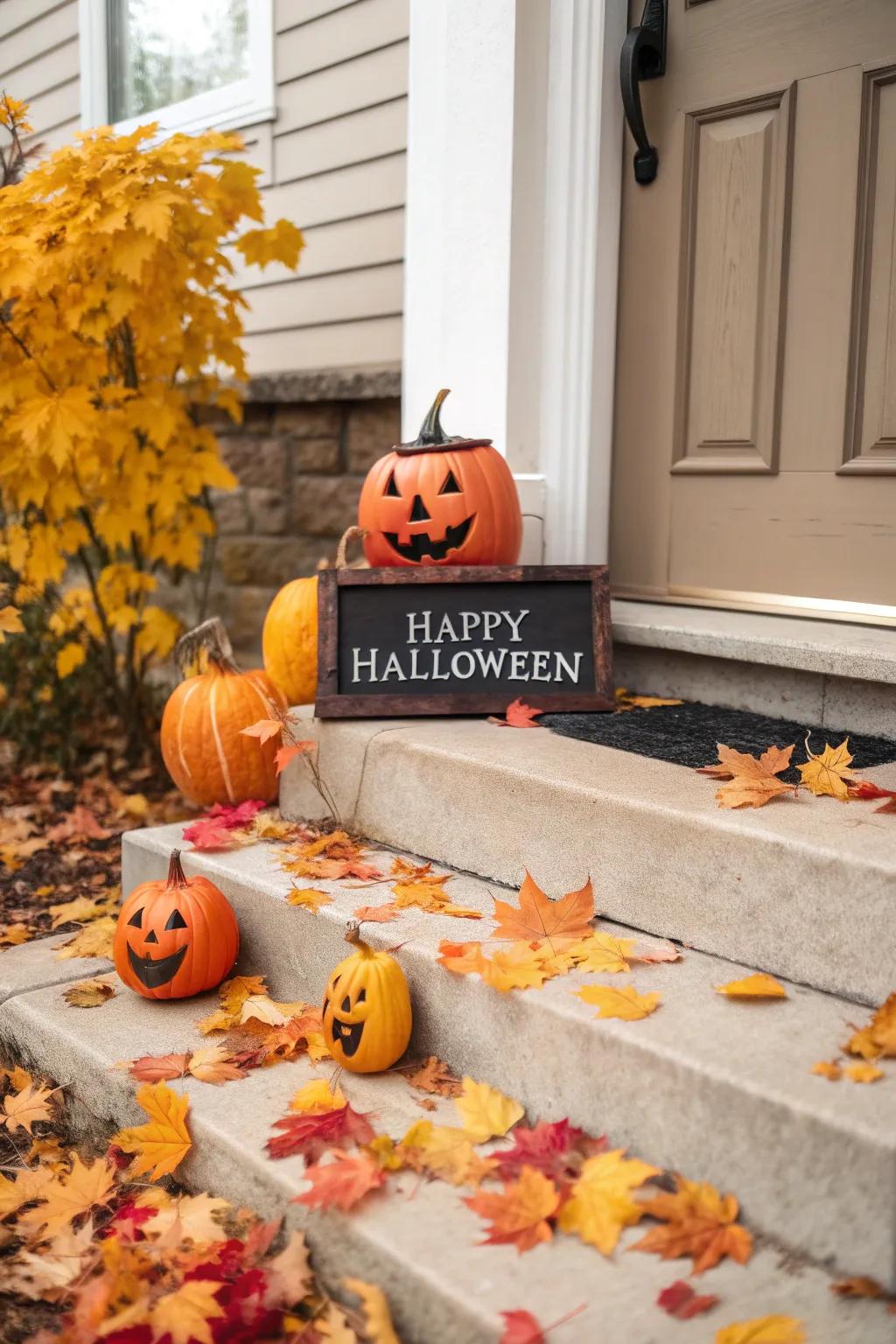 An inviting display of gourds and a Halloween sign.