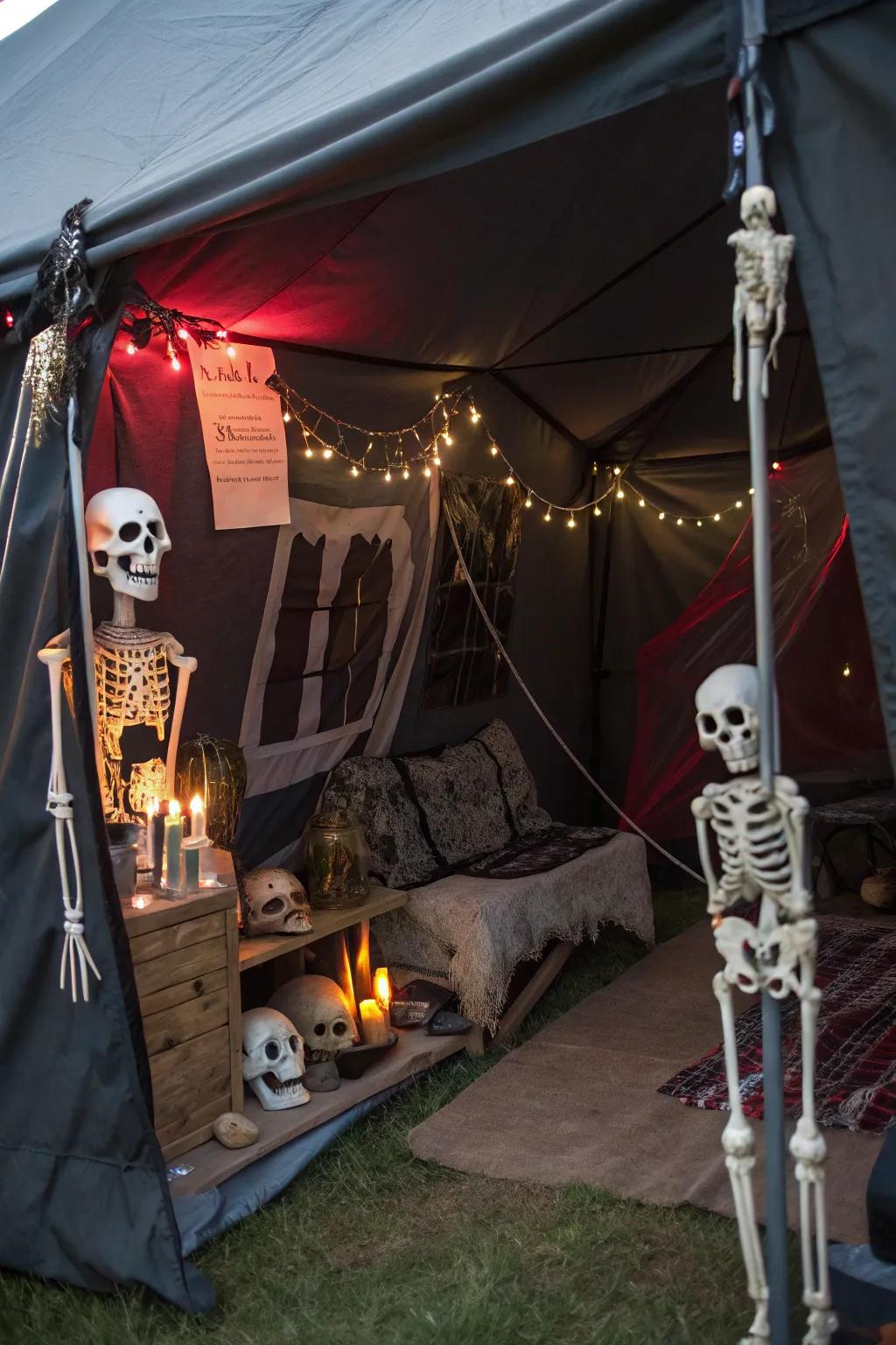 Incorporate traditional Halloween elements using craniums and skeletons.