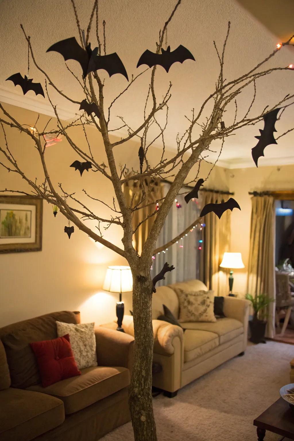 A spooky Halloween tree embellished with fluttering chiropterans.