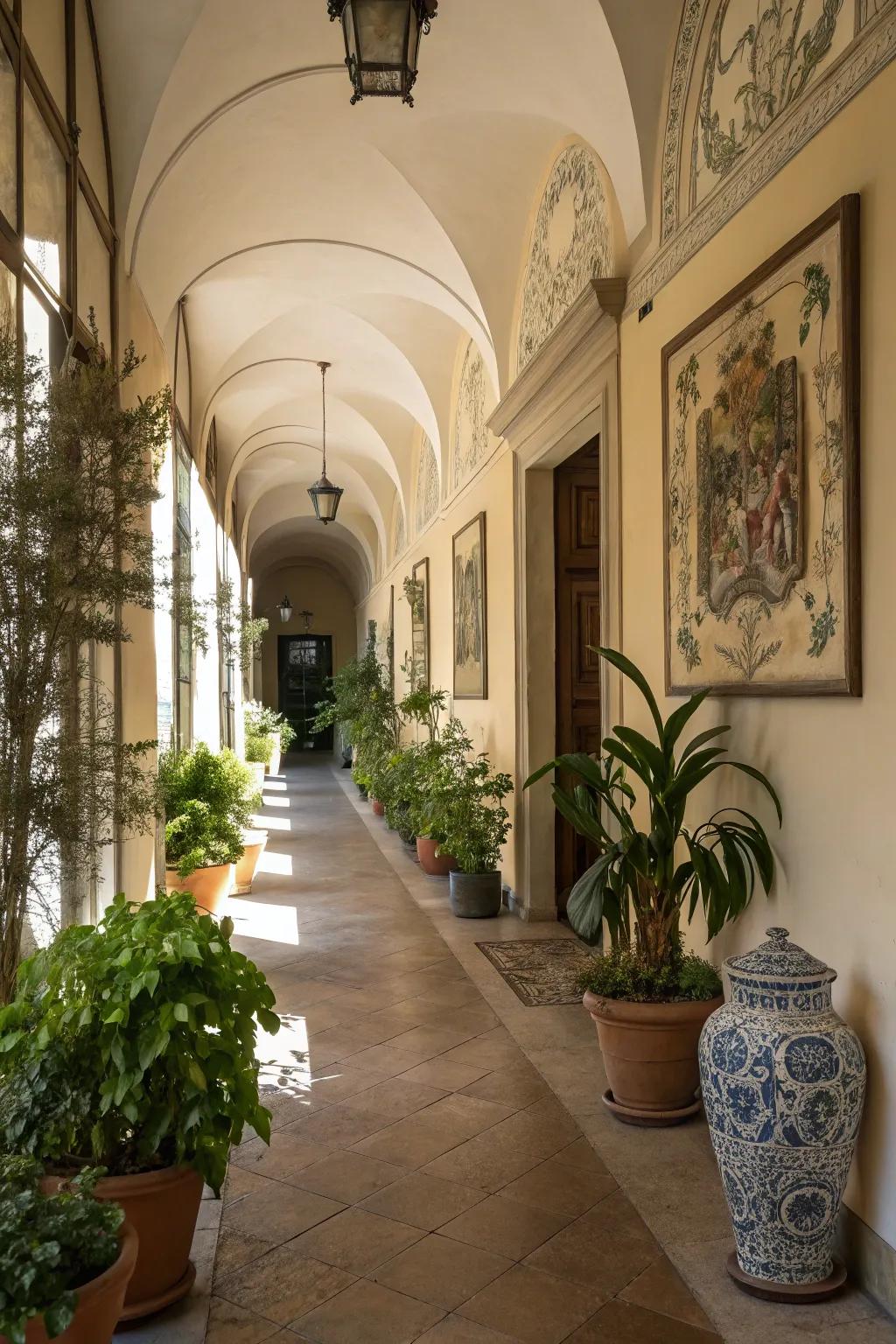 Botanicals and decor enhance the visual depth and energy of corridor art.