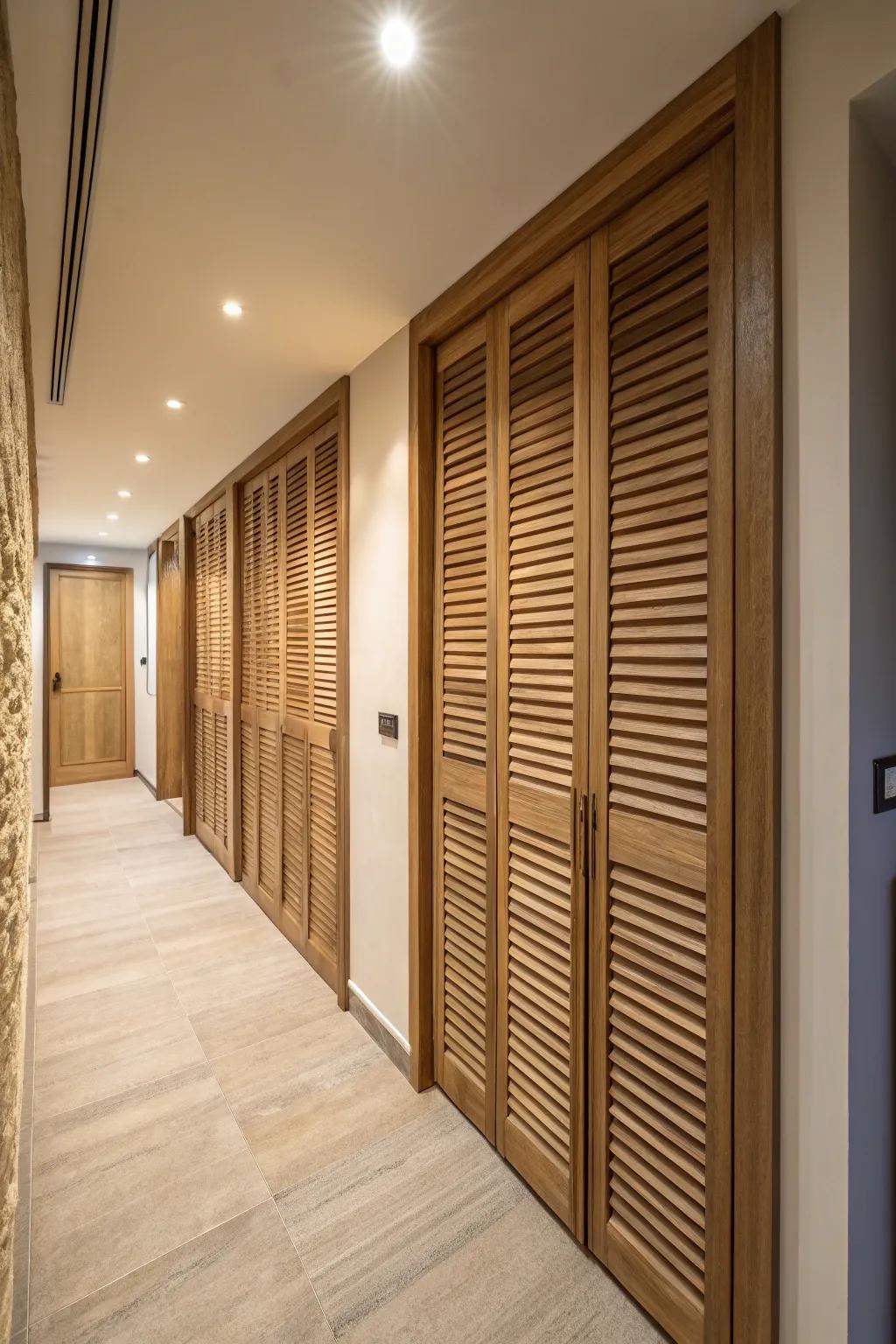 Enhance texture using wooden slatted closet doors.