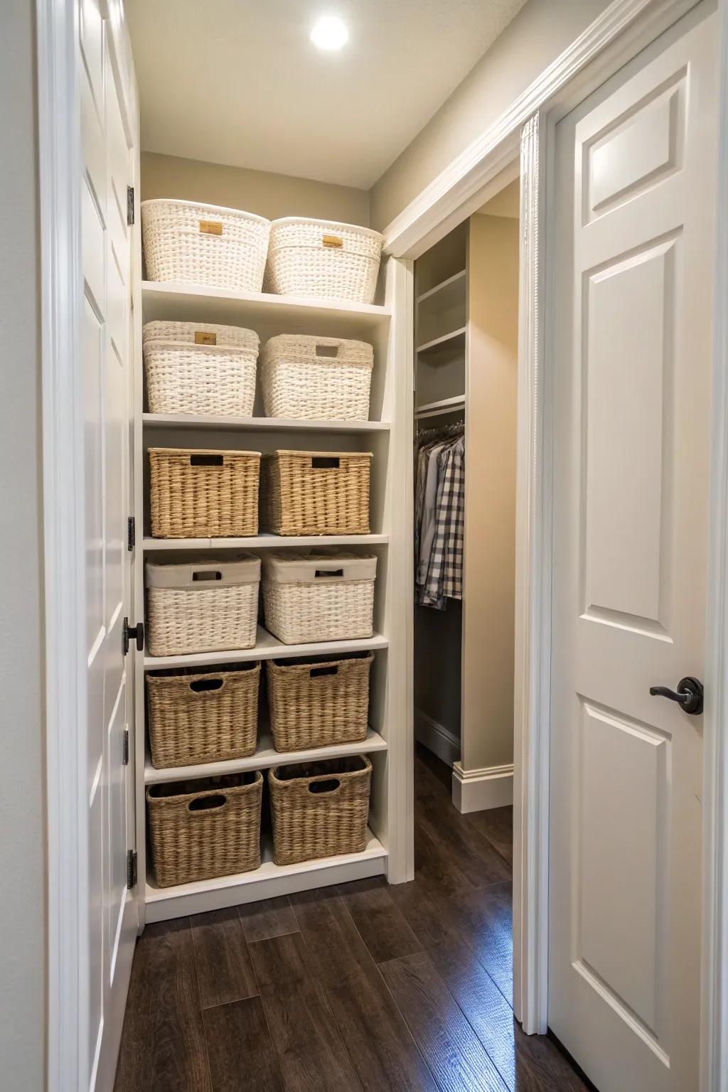 Similar baskets in a hallway closet for a matching and stylish appearance.