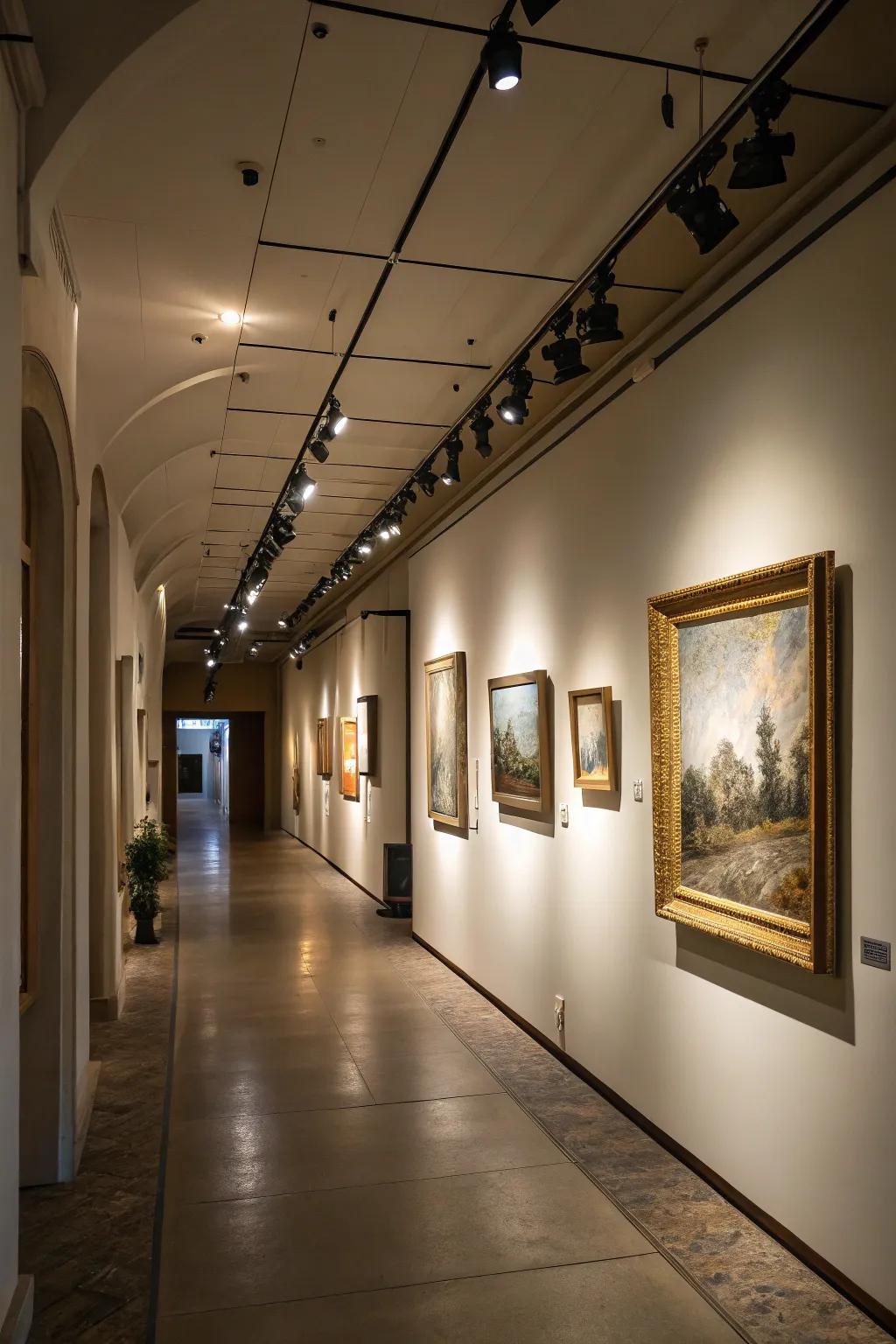 Rail lighting enhances entryway artwork beautifully.