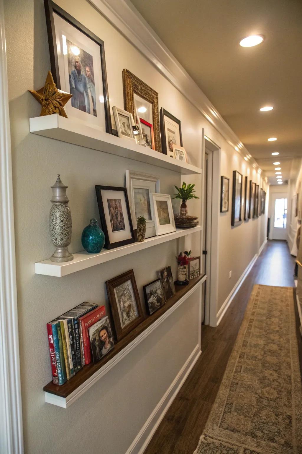Wall shelves contribute dimension to your photo arrangement.