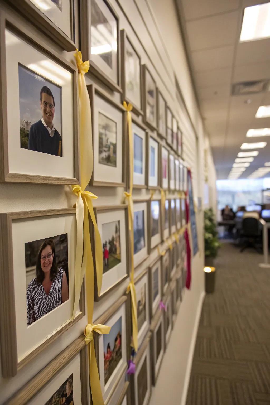 An office wall featuring a photo grid connected by stylish ribbons.