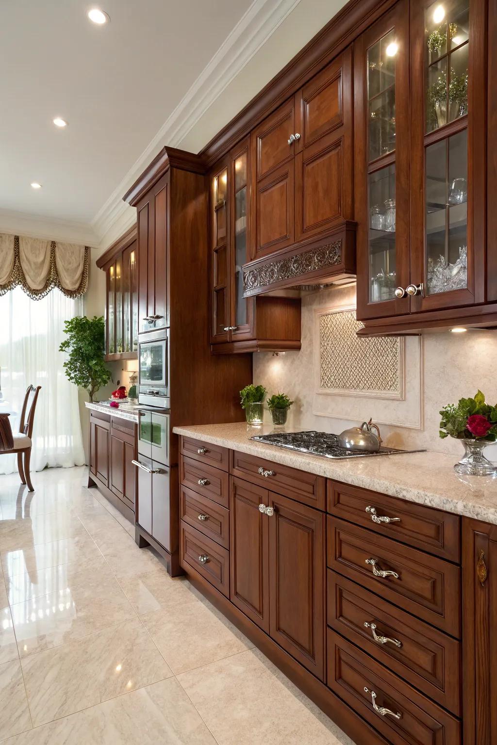 Crystal knobs bring a dash of glamour to cherry cabinets.