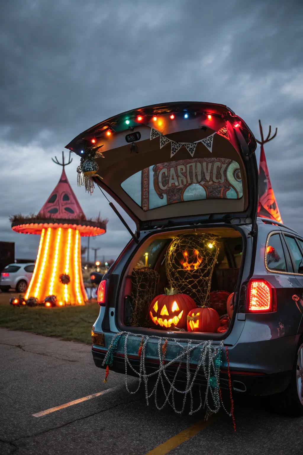 Design a themed scene such as a haunted carnival for a distinctive trunk setup.