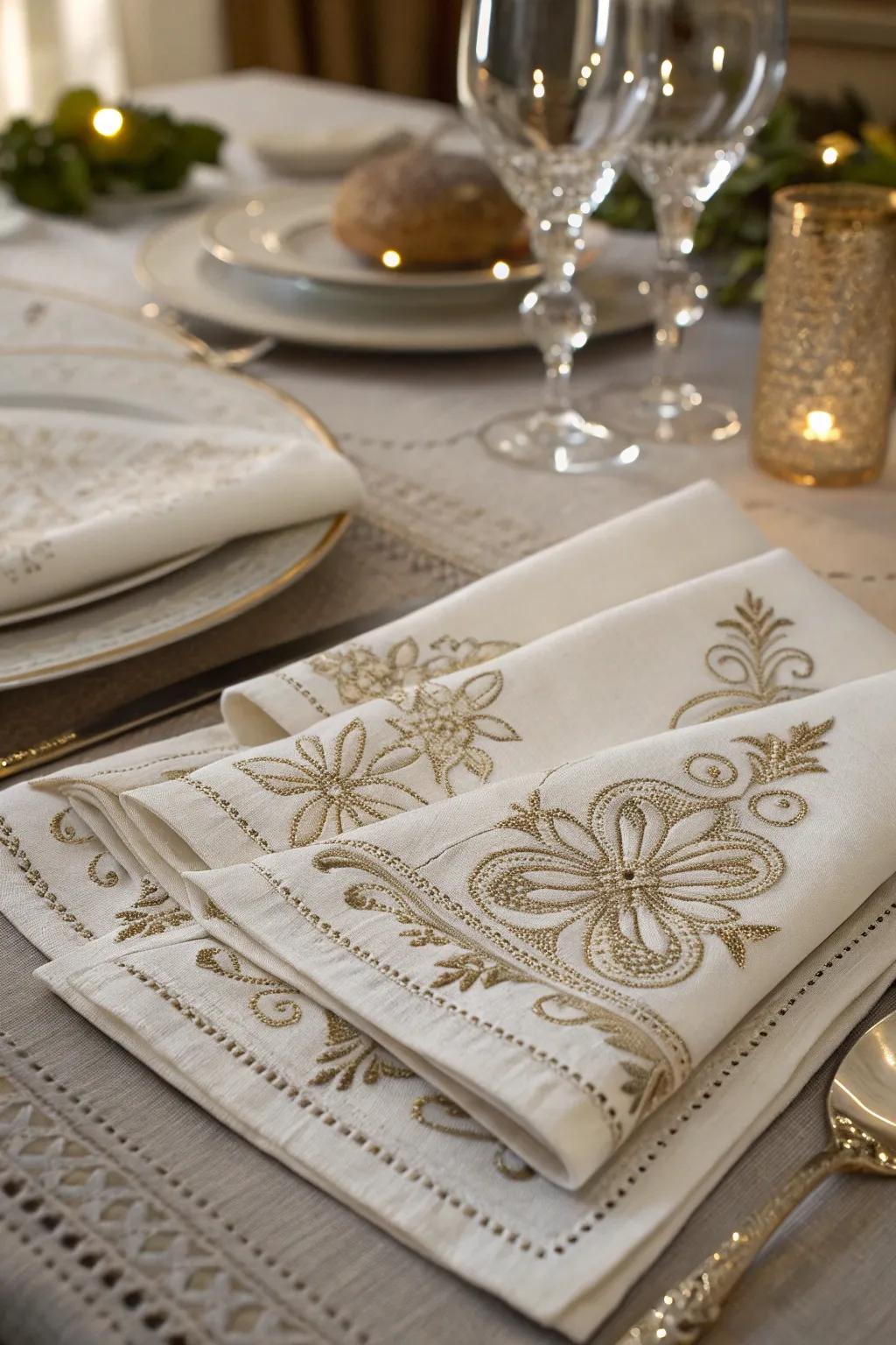 Embroidered linens enhance the elegance of everyday dining.