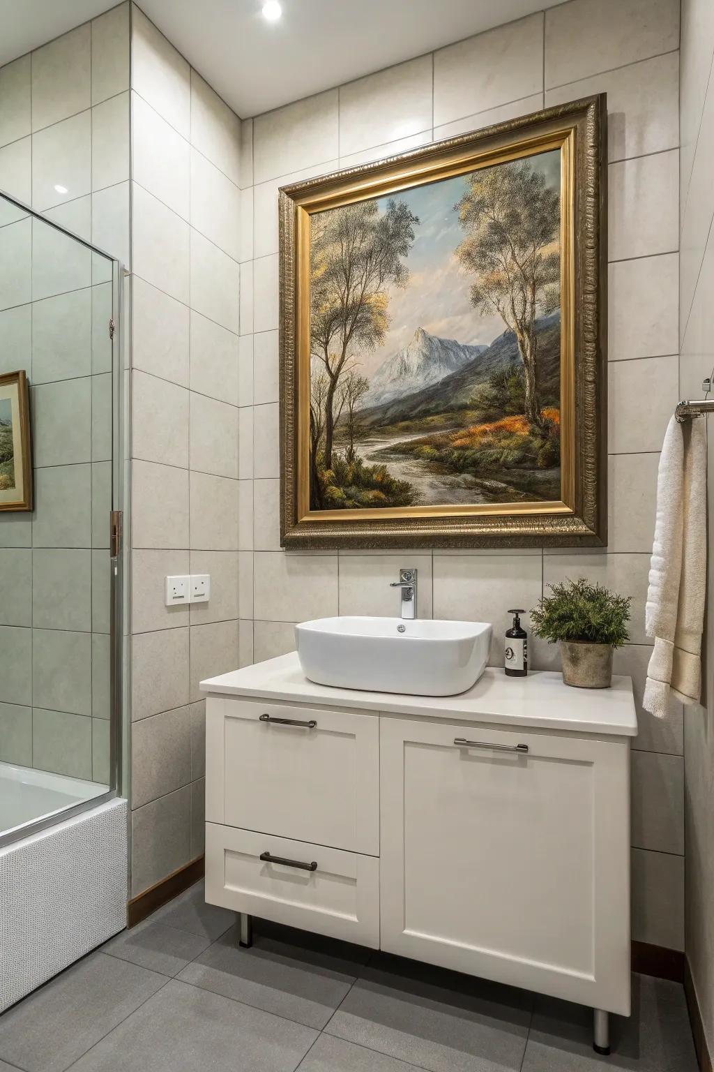 A painting ingeniously concealing a medicine cabinet in a stylish bathroom.