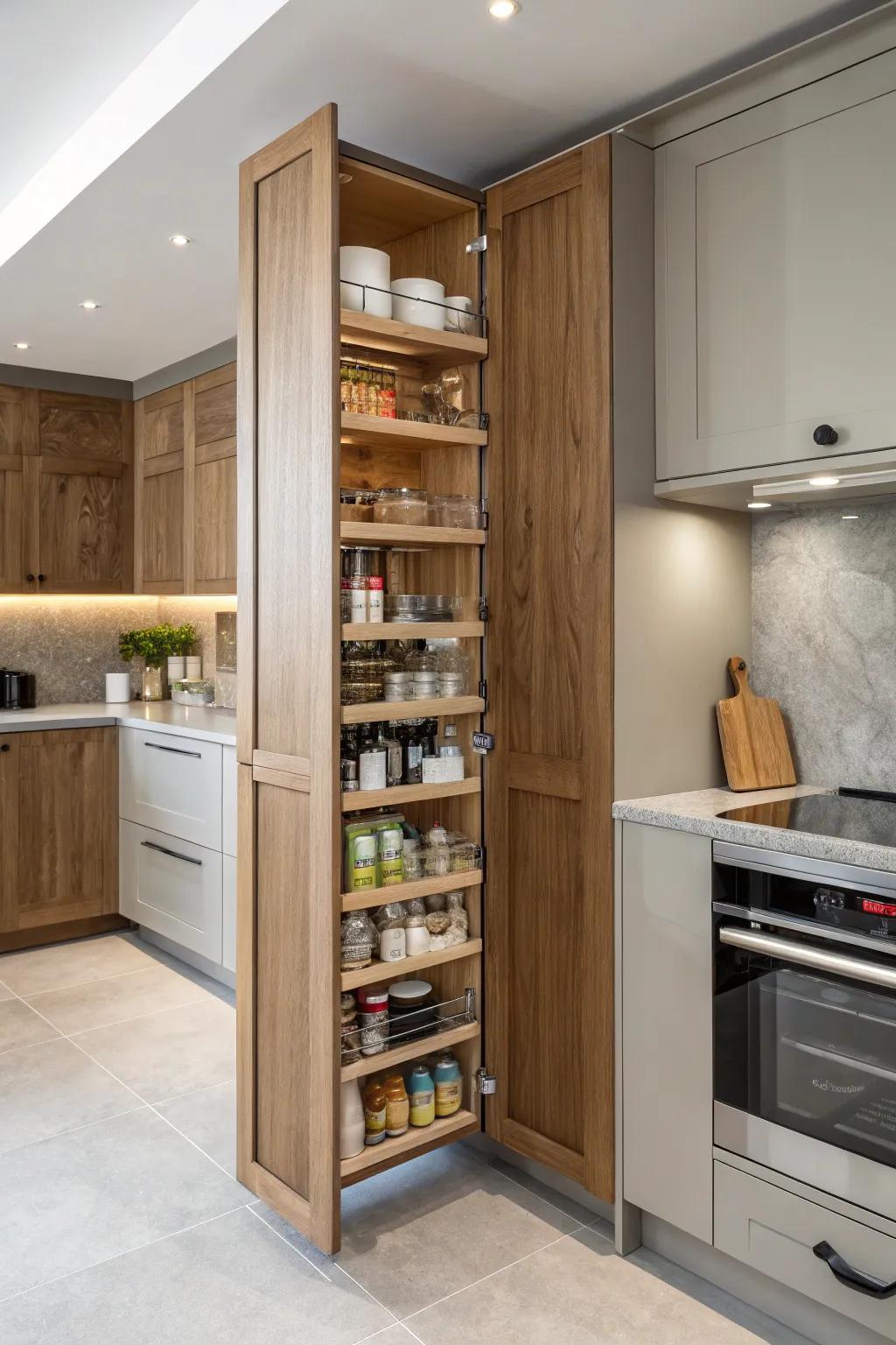A full-height hidden pantry utilizing vertical area effectively.