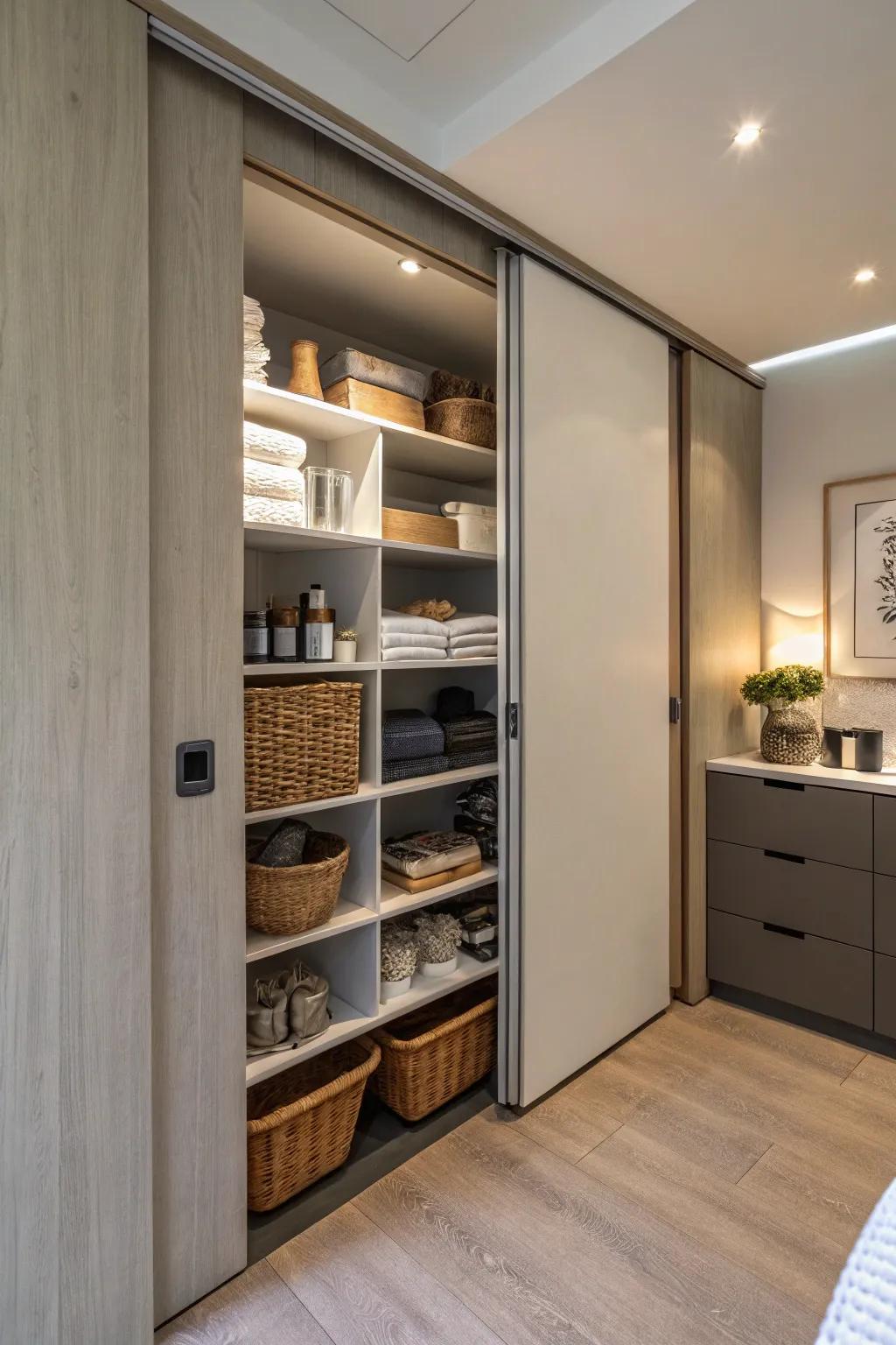Maximize space through sliding doors that double as hidden storage.