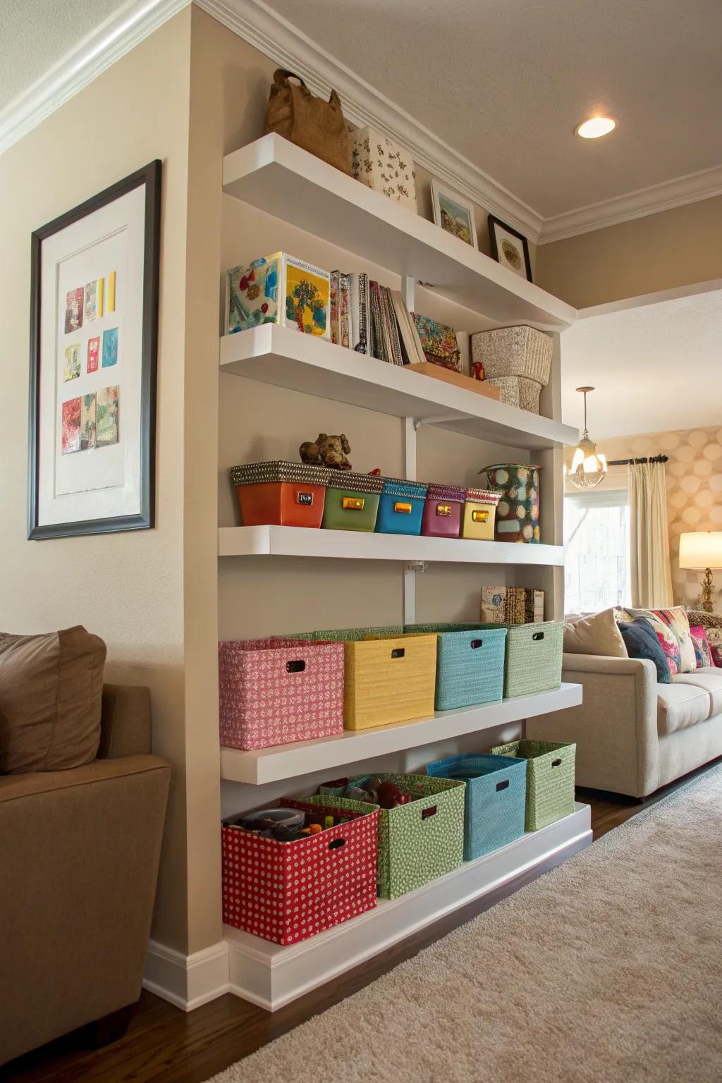 Floating shelves with boxes for stylish toy storage.