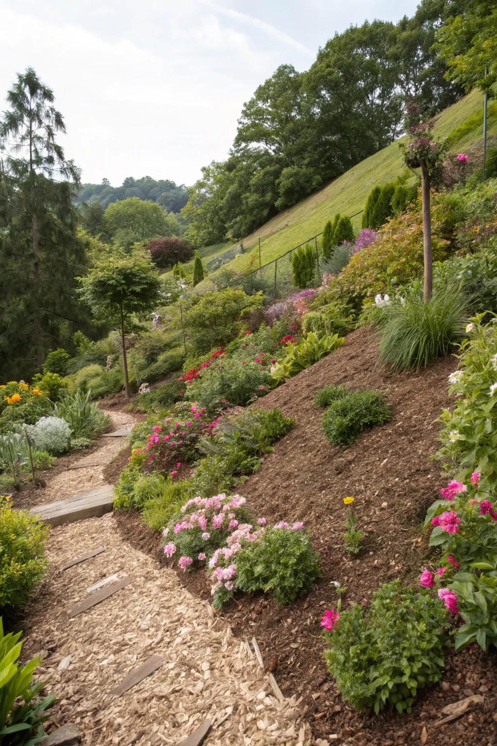 Overlay is an effective way to conserve hydration and control weeds on a hillside.