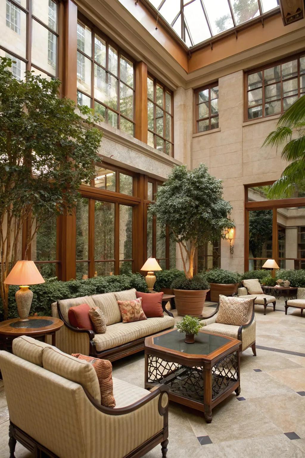 A cozy seating nook in an atrium, perfect for relaxation.