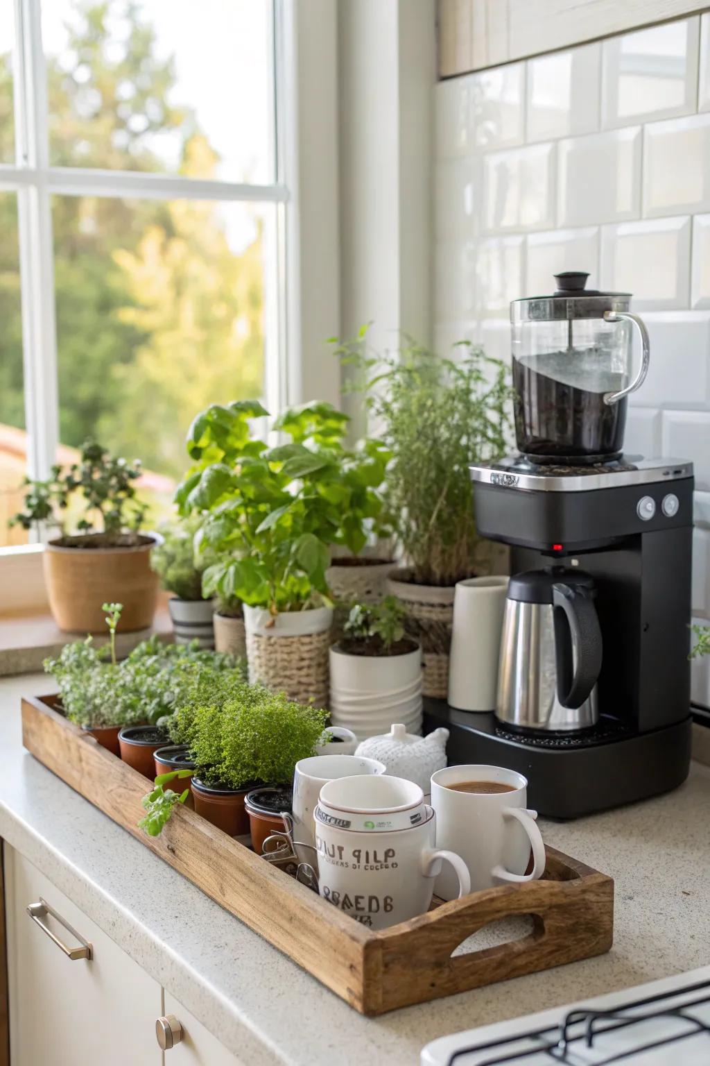 Plants add a fresh and vibrant feel to your coffee station.