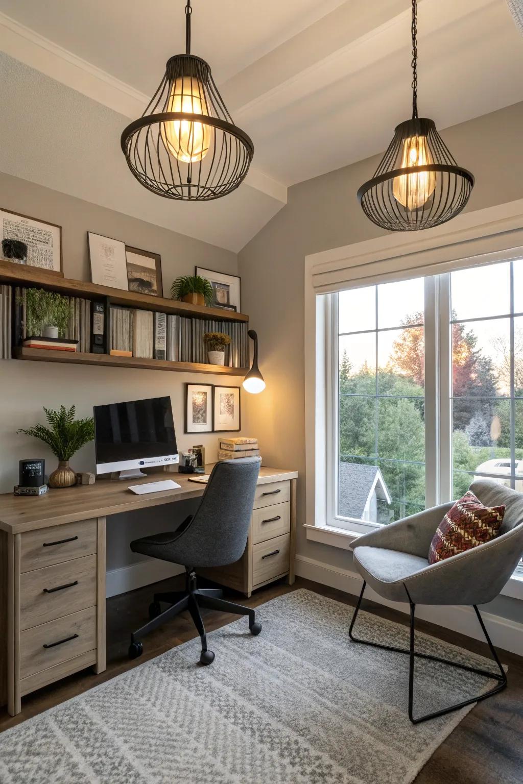 Modern lighting patterns bring an artistic touch to your home office.