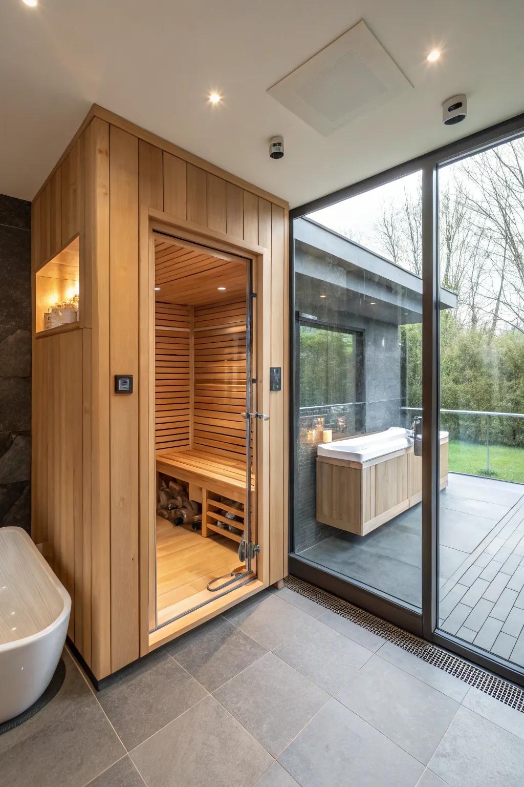 For extra convenience, this sauna is ideally positioned near a modern washroom.