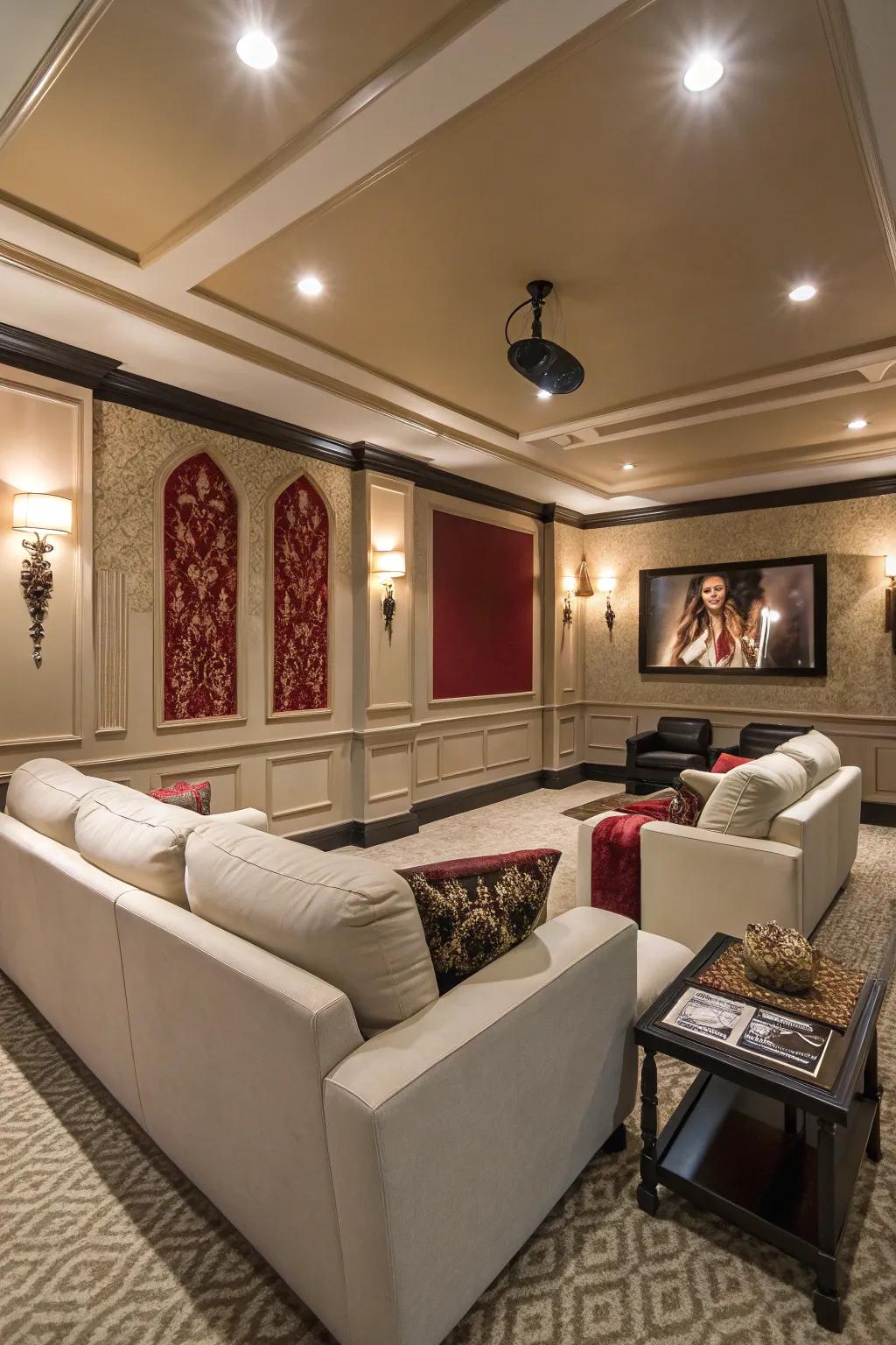 A unified color scheme elevates the sophistication of your home theater.