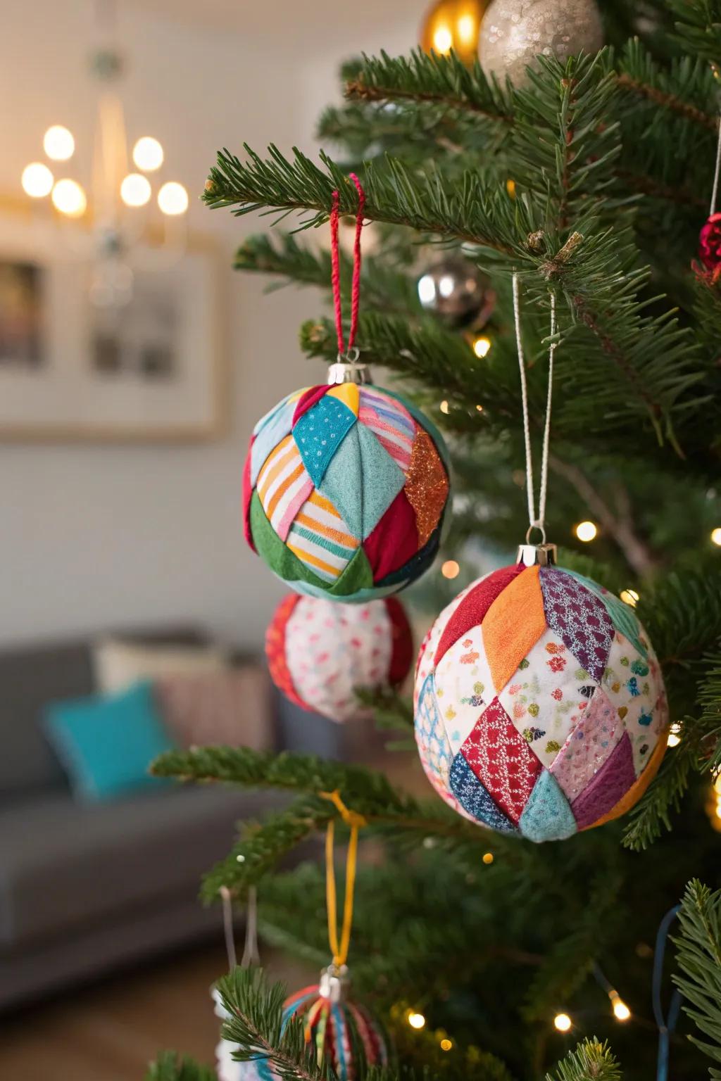 Brightly colored material remnant baubles adding a splash of color to the festive decorations.