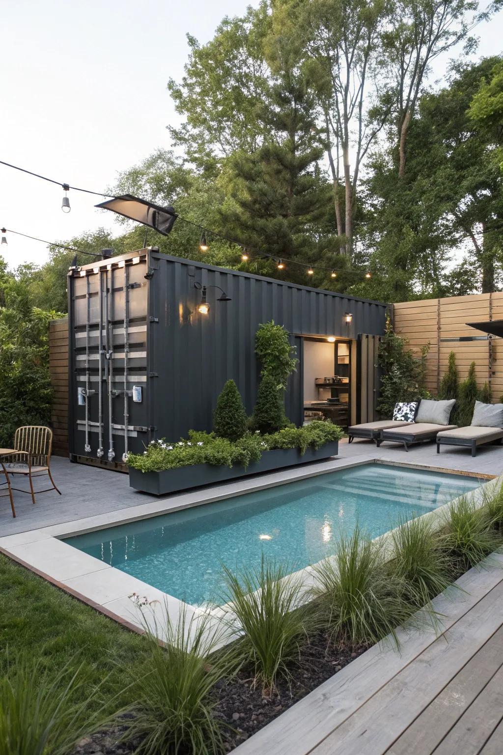 A modern interpretation of pools utilizing a repurposed cargo box.