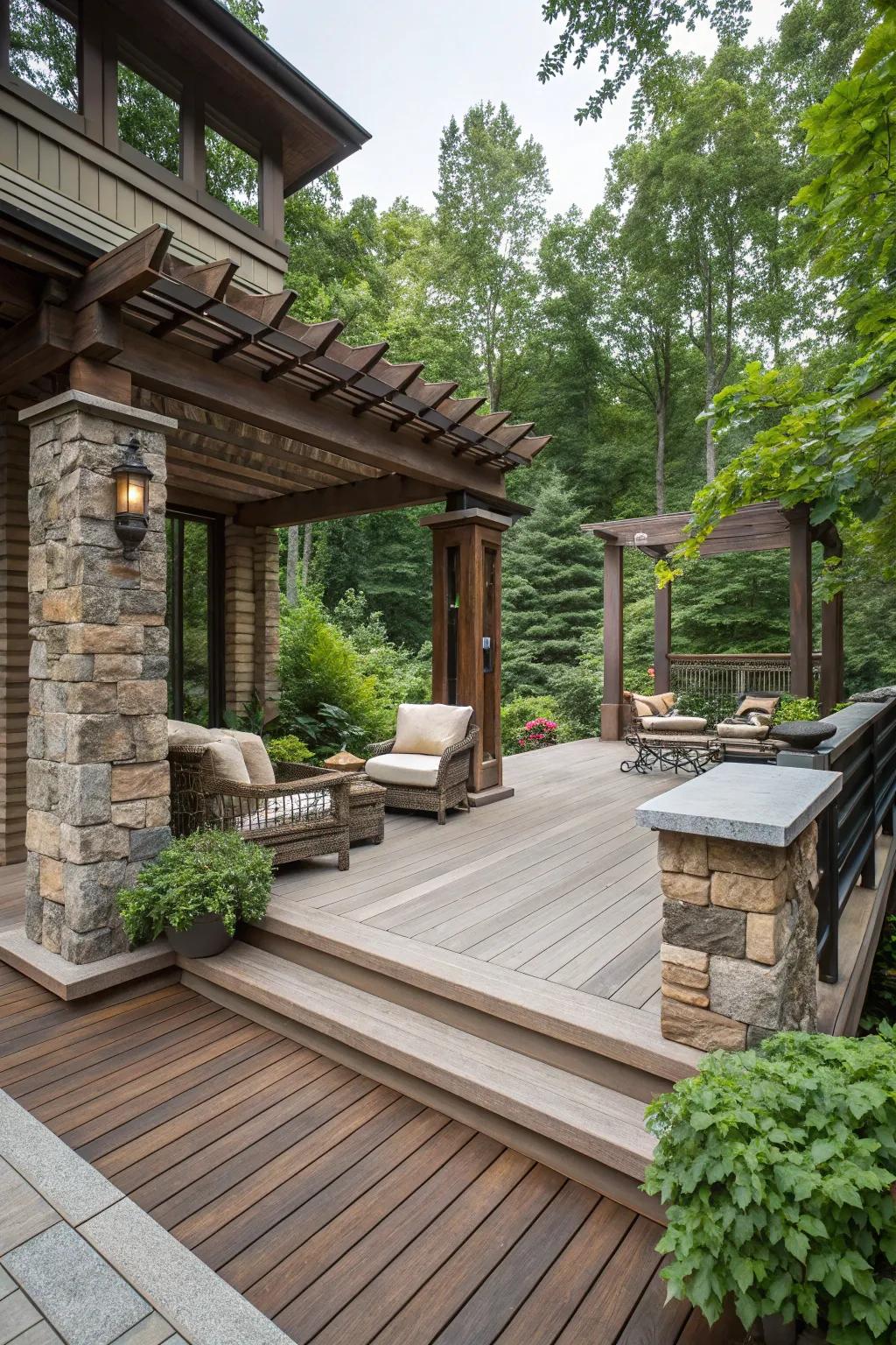 Stone features pair beautifully with wood skirting for a sophisticated look.