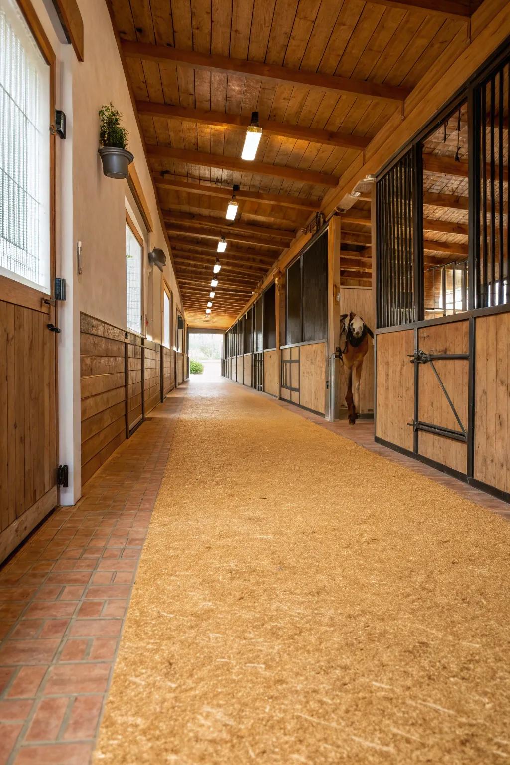 Cork flooring delivers a sustainable and cozy choice for horse barn passageways.