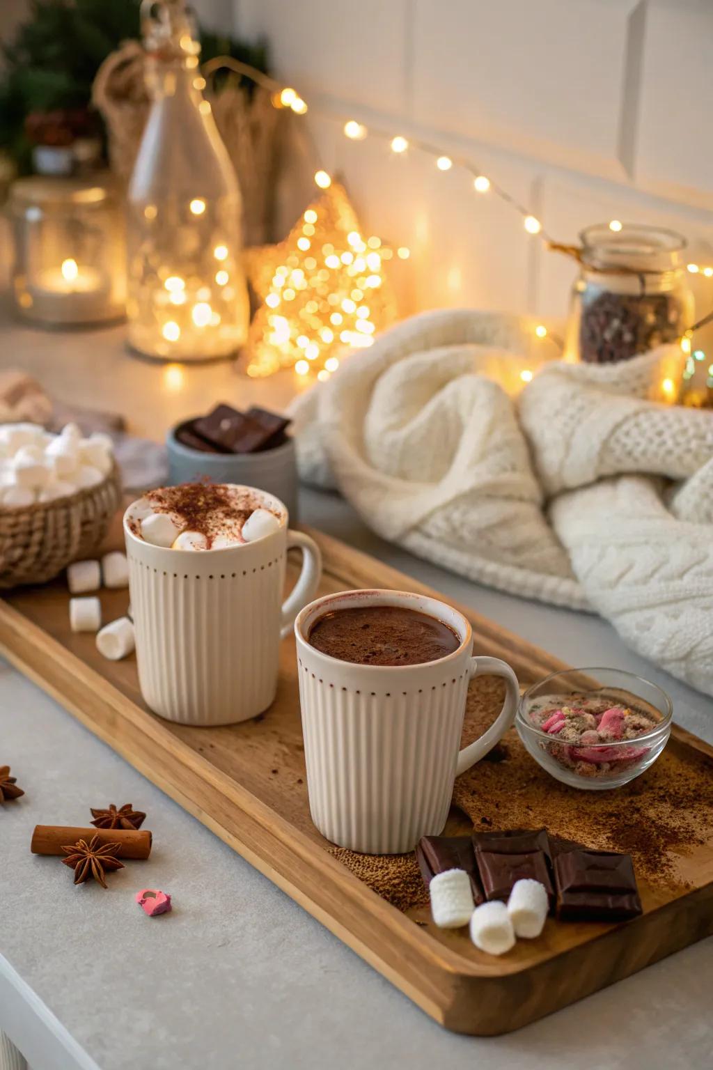 String lights and warm tones establish an intimate chocolate elixir station atmosphere.