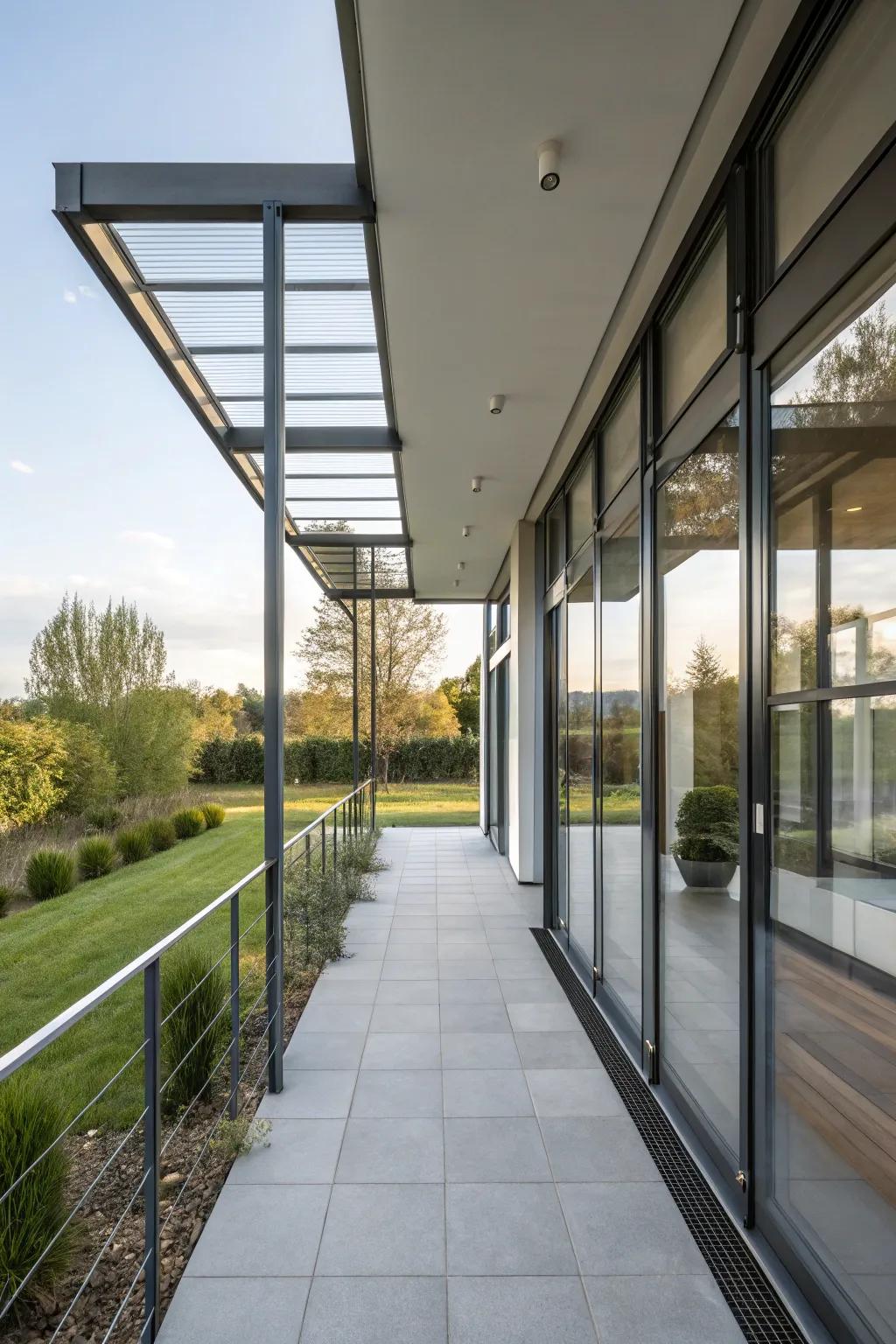 Modern materials like metal and glass enhance this porch's style.