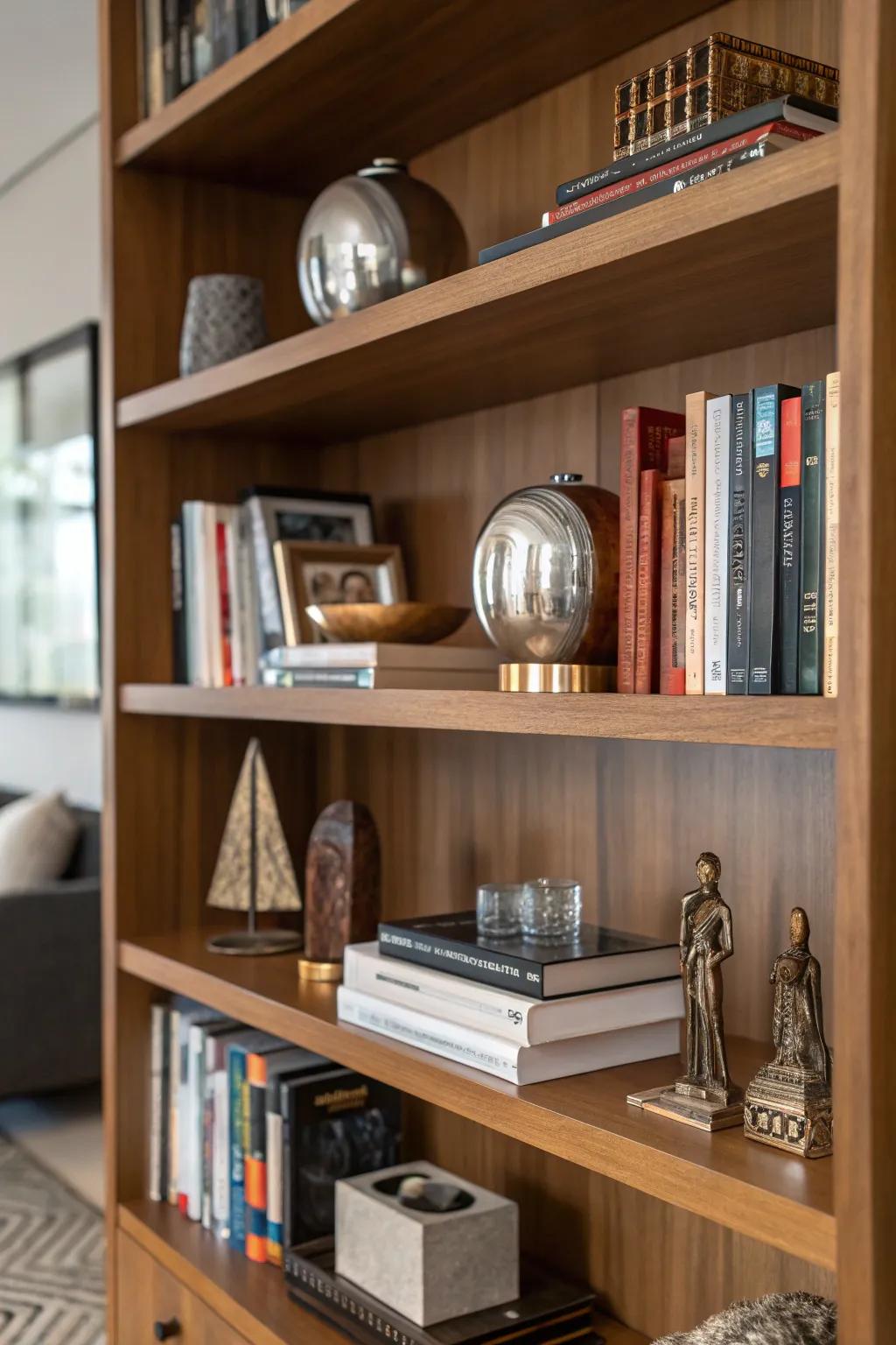 Bookshelf featuring assorted textures for amplified magnitude.