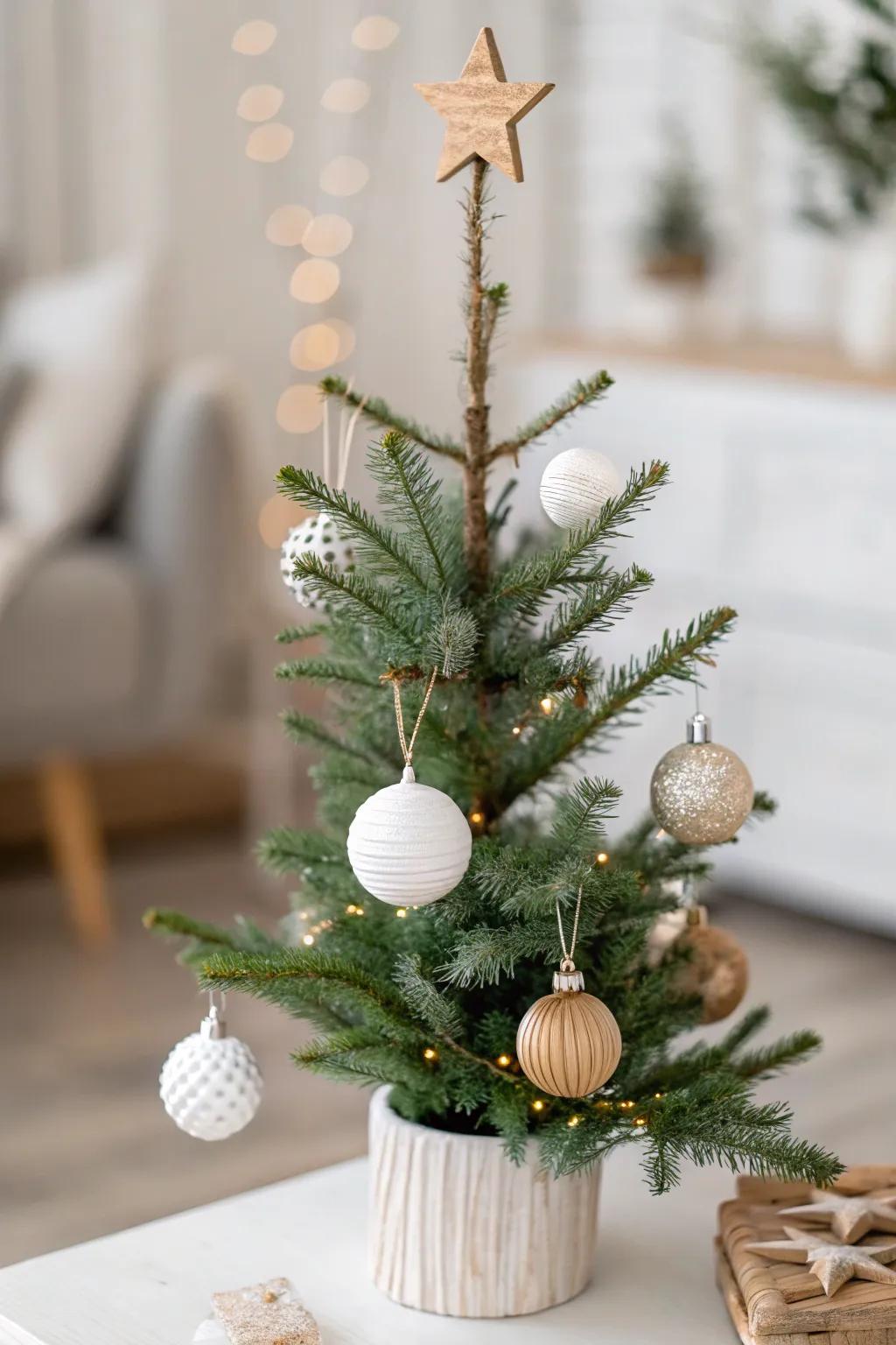 A minimalist Scandinavian-inspired Christmas tree showcasing polished and simple decorations.