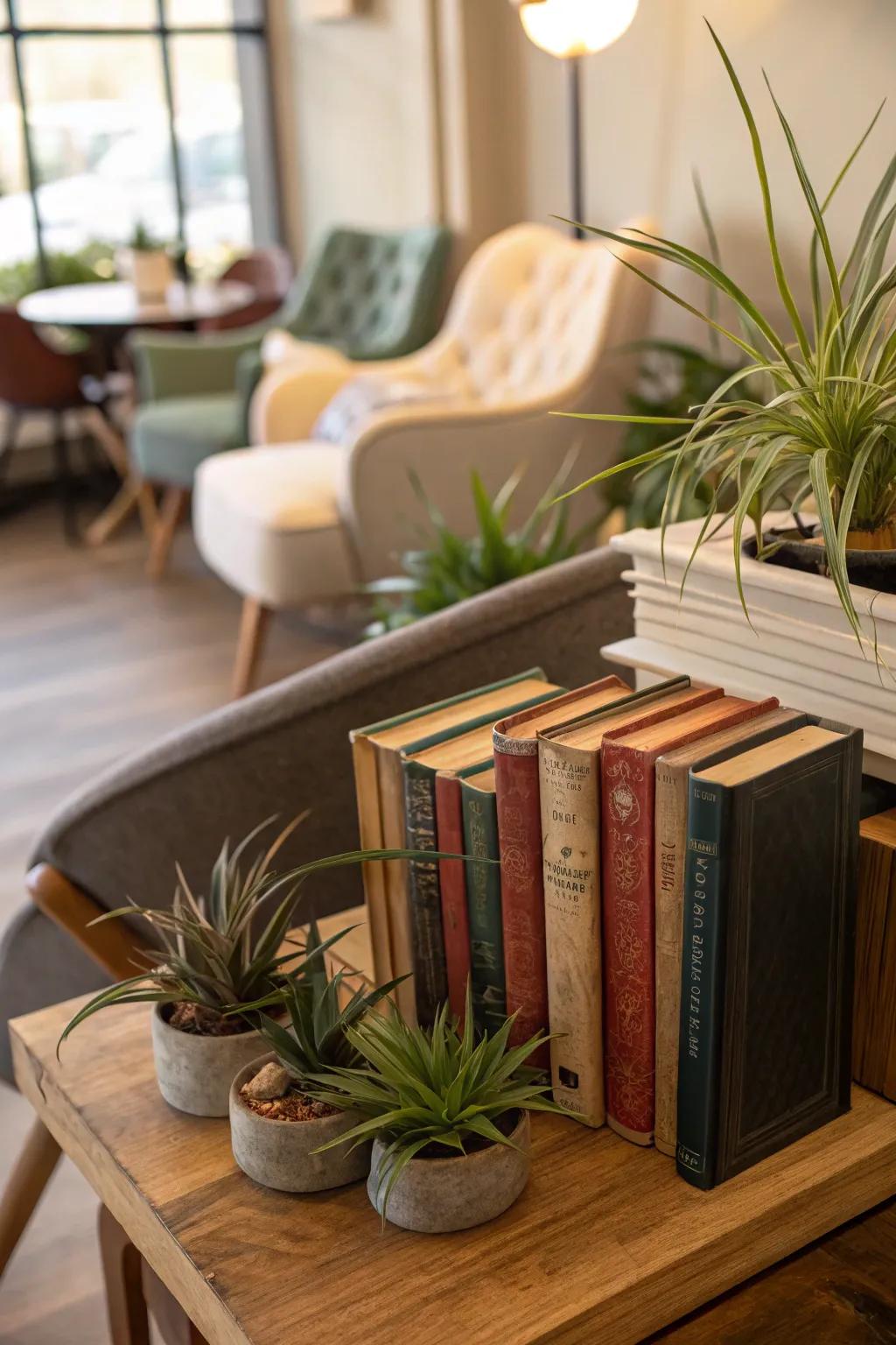 Living air plants used as bookends create a unique touch.