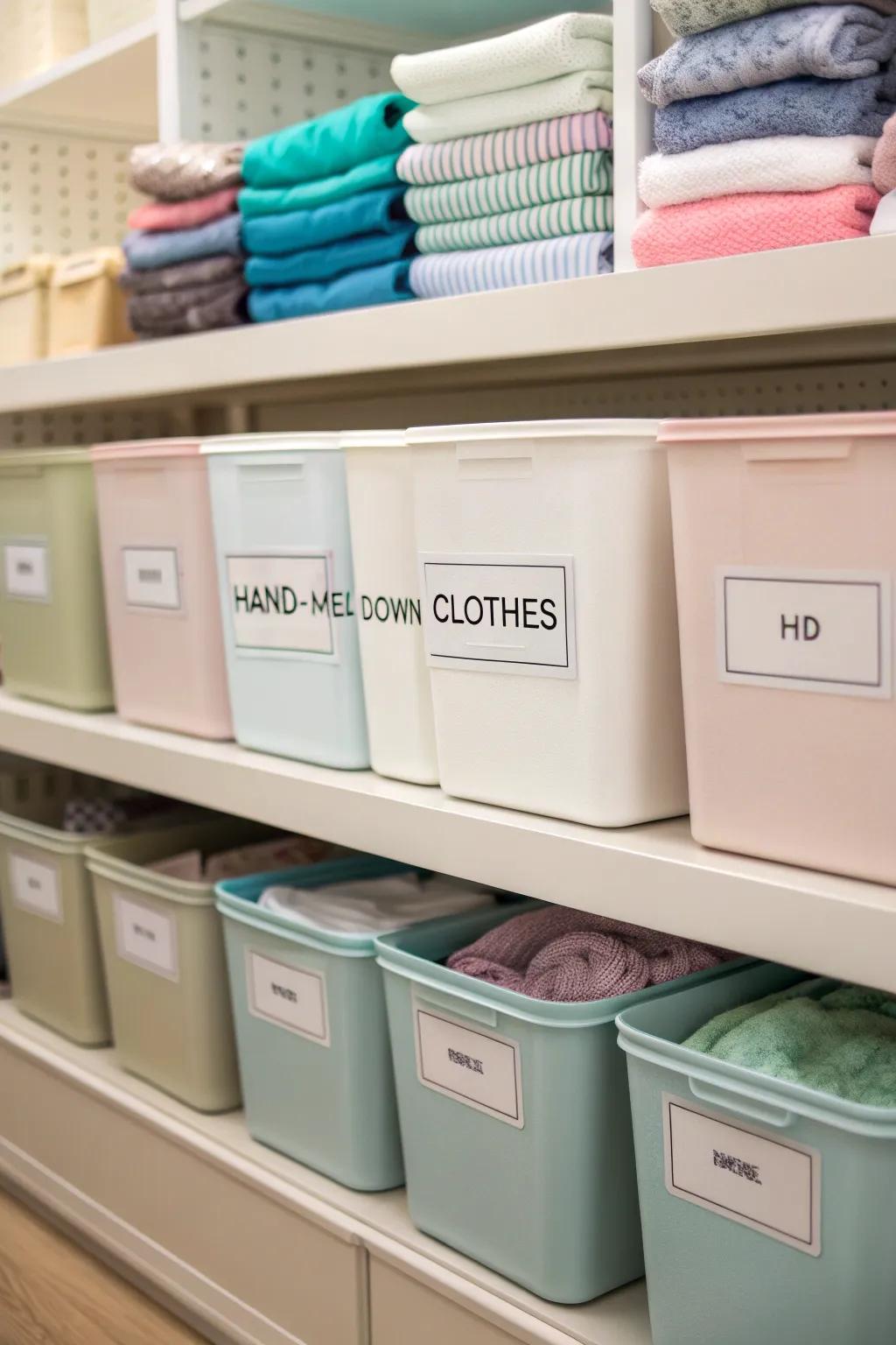 Well-organized storage of clothes to be handed down.