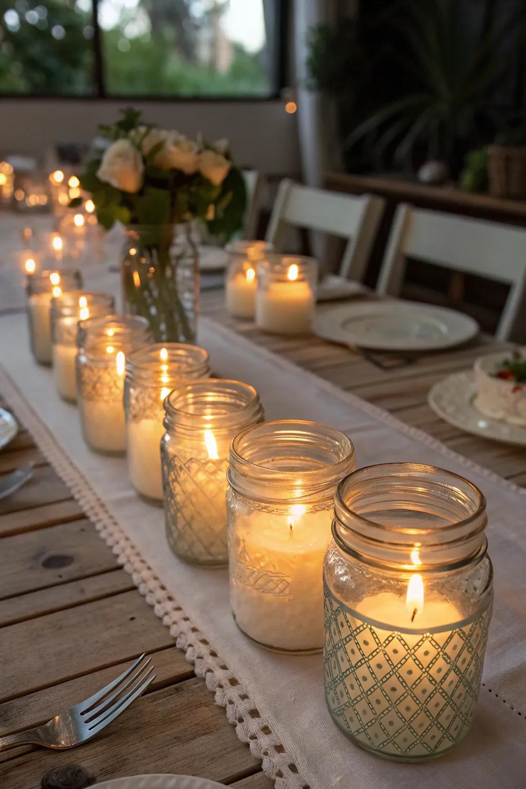 Frosted glass jars add elegance and a warm glow to any setting.