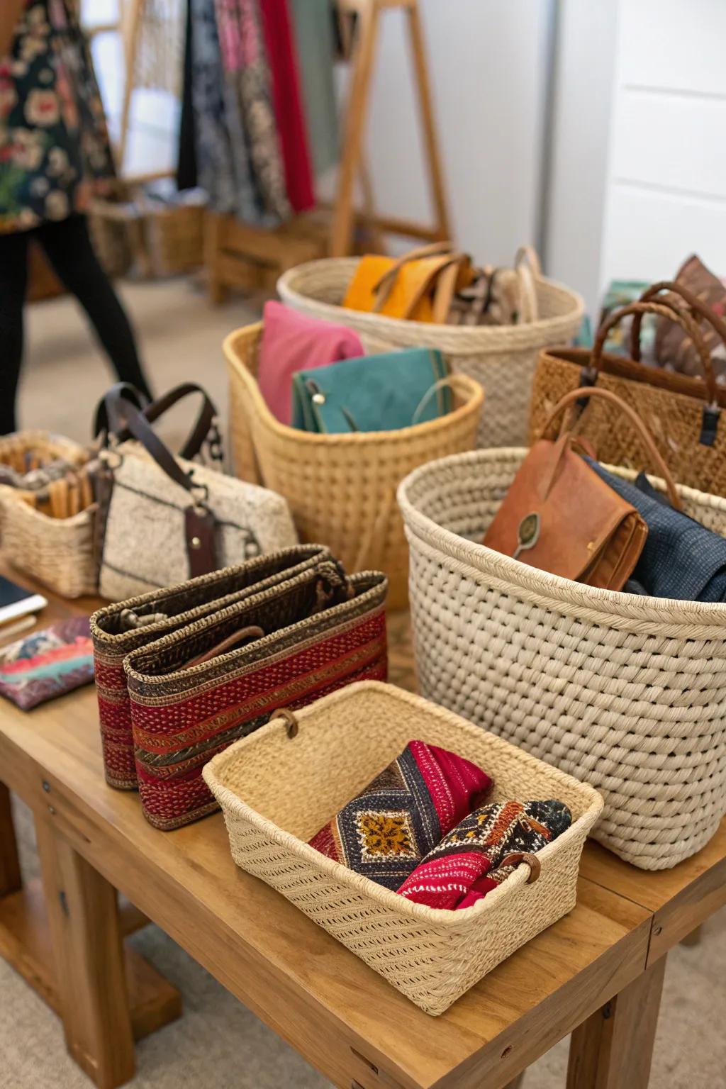 Baskets and bins neatly organizing purses for practical storage.