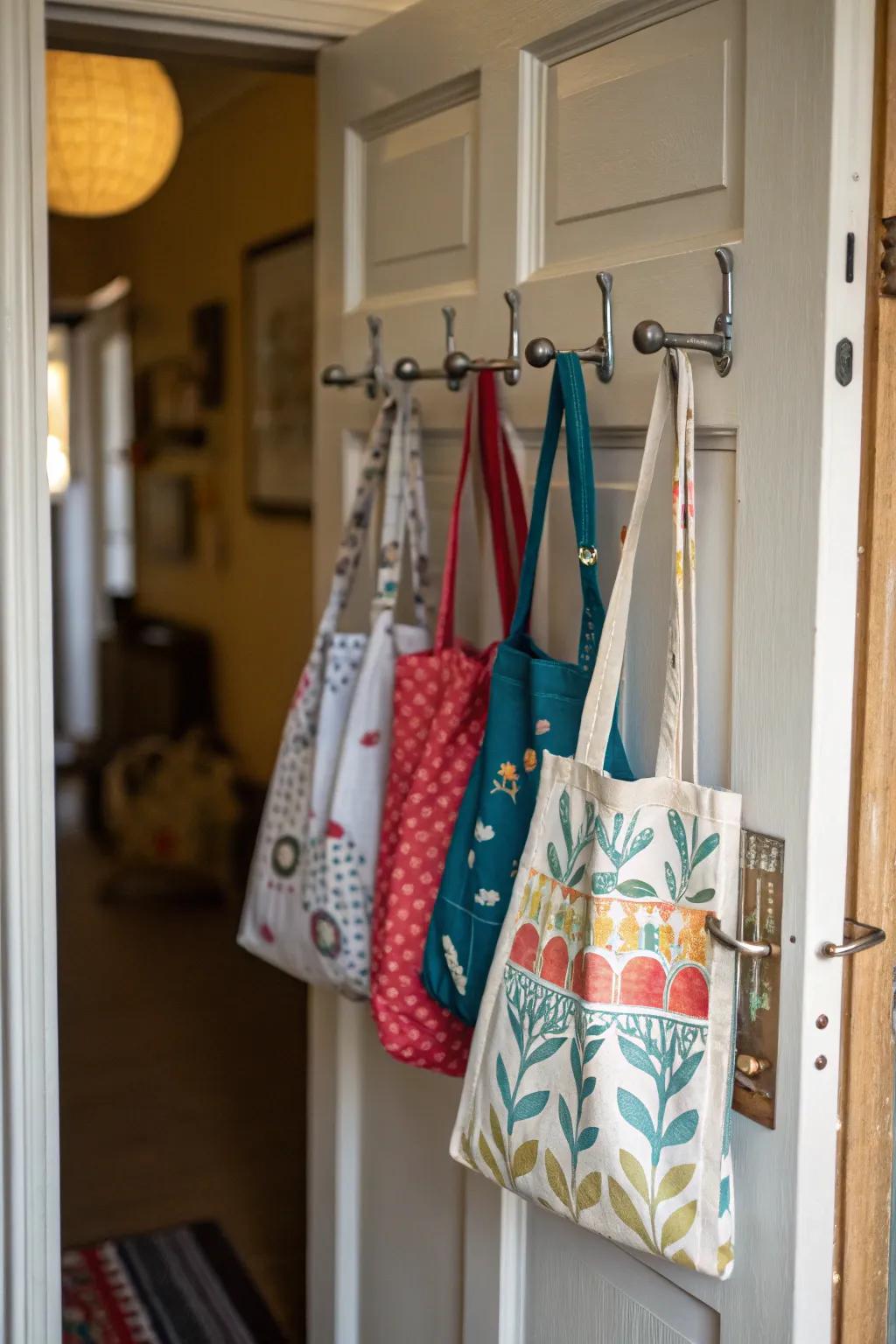 Door-mounted hooks transform vertical space into useful storage for carryalls.