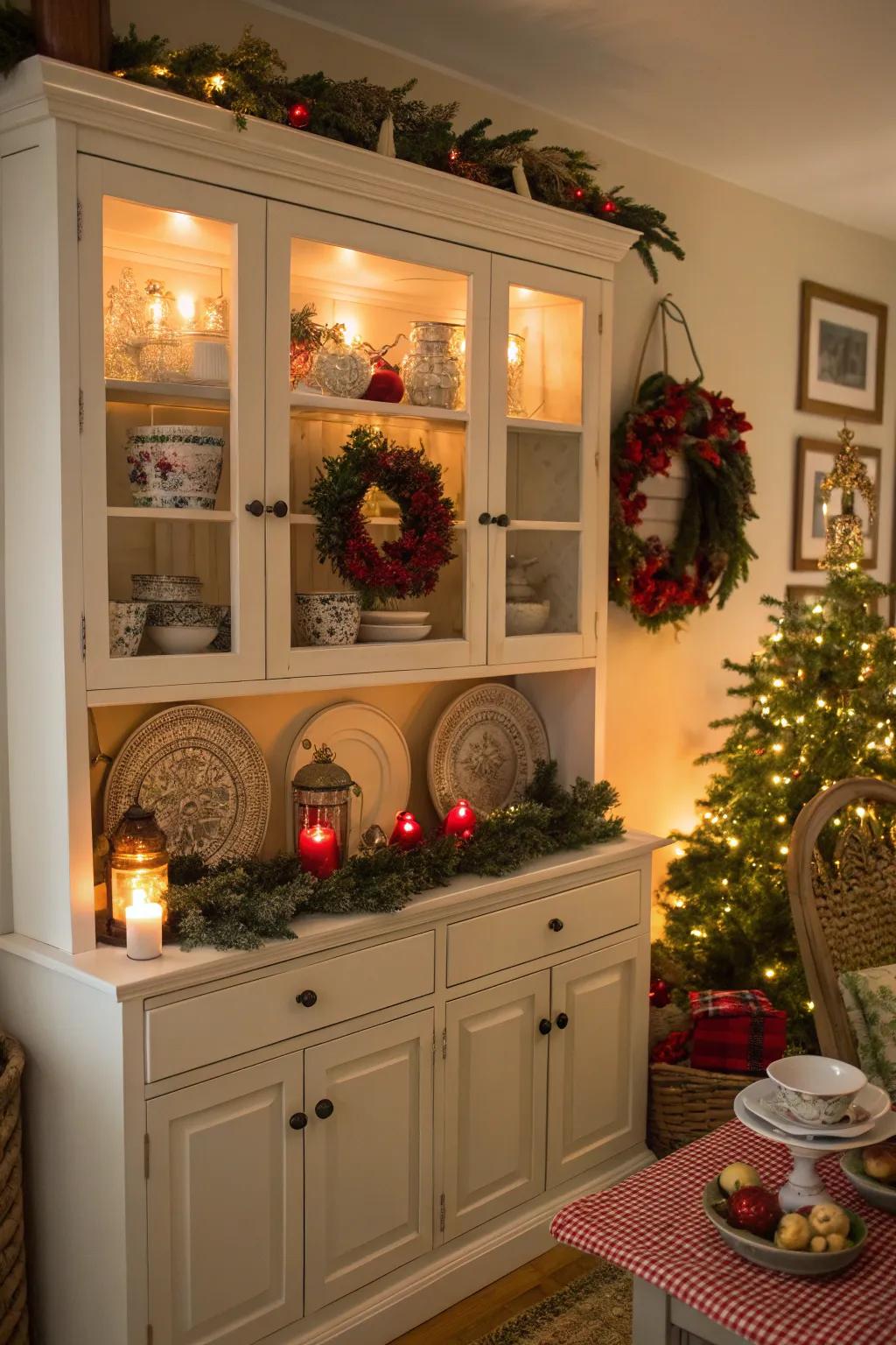 Seasonal accents infuse this cabinet with festive charm.