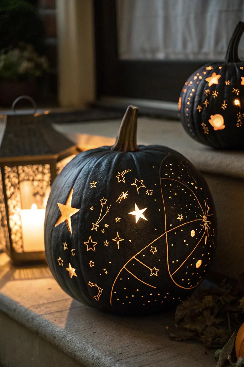A constellation-carved pumpkin that glows with an ethereal celestial charm.
