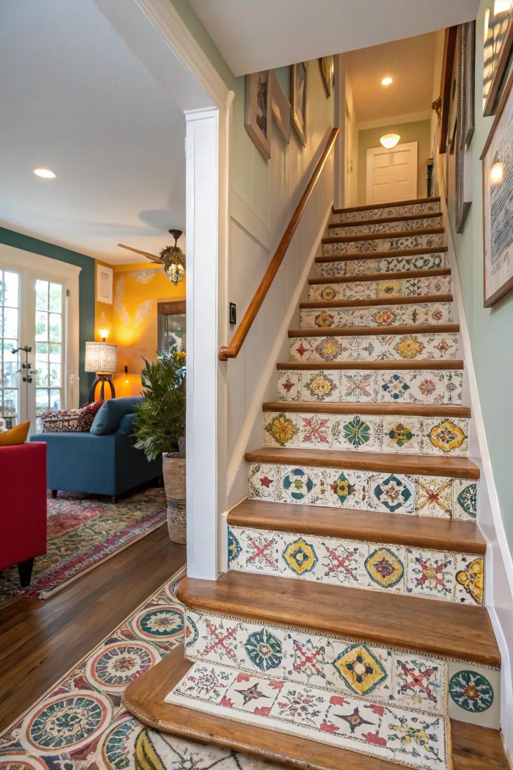 Inject a playful vibe with patterned vinyl stairs.