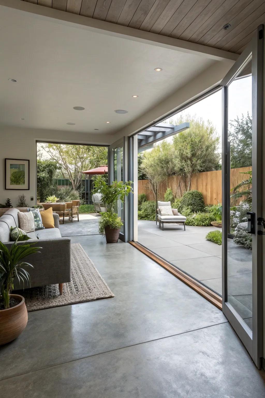 Concrete floors seamlessly connect indoor and outdoor environments.