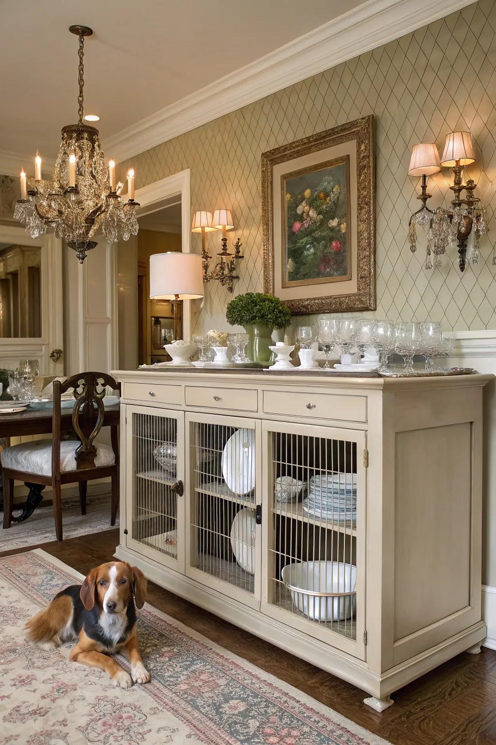 Dining decor harmonizes with pet comfort in a console kennel.