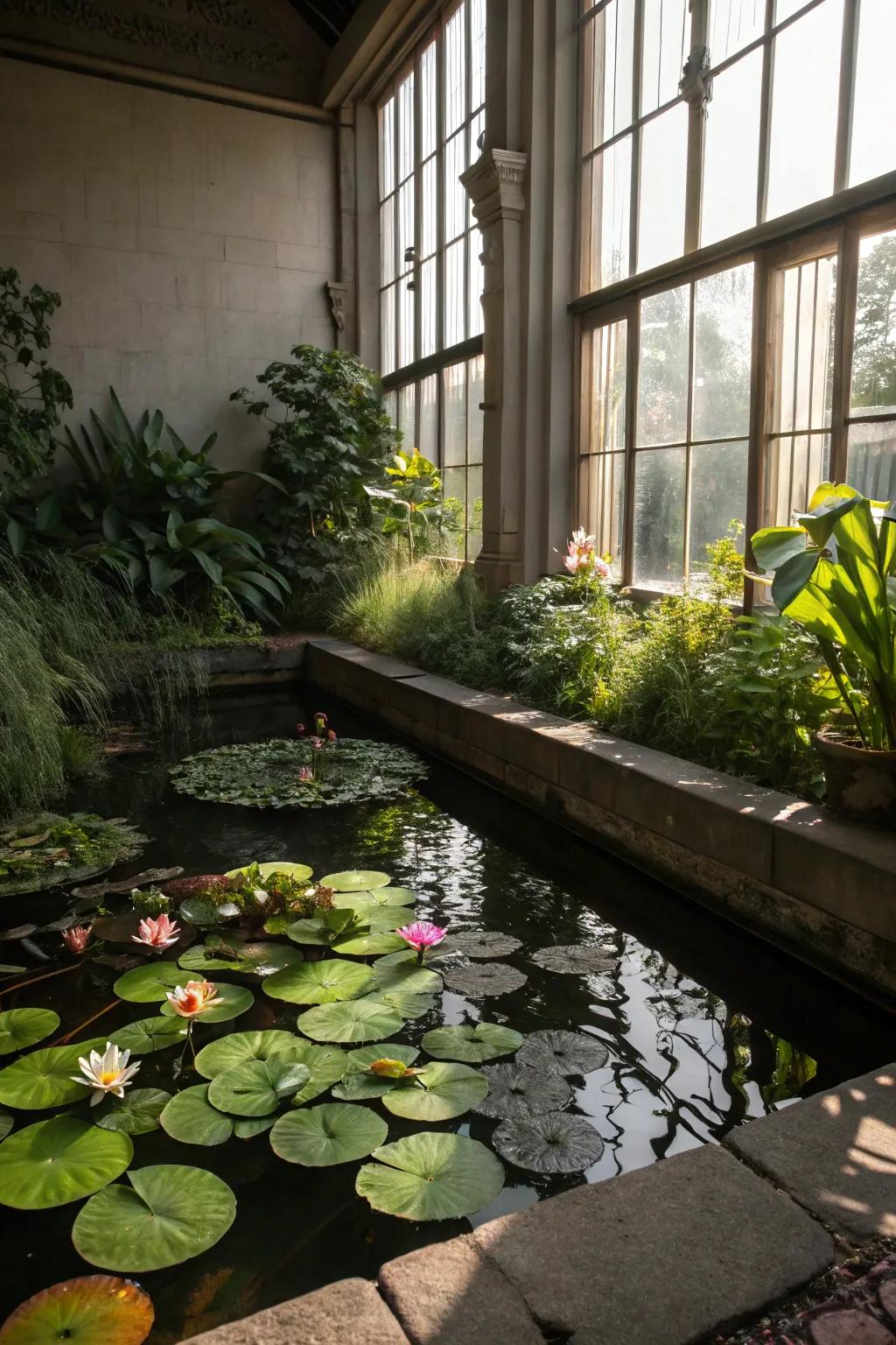 Aquatic flora cultivates an exuberant and revitalizing water garden setting.