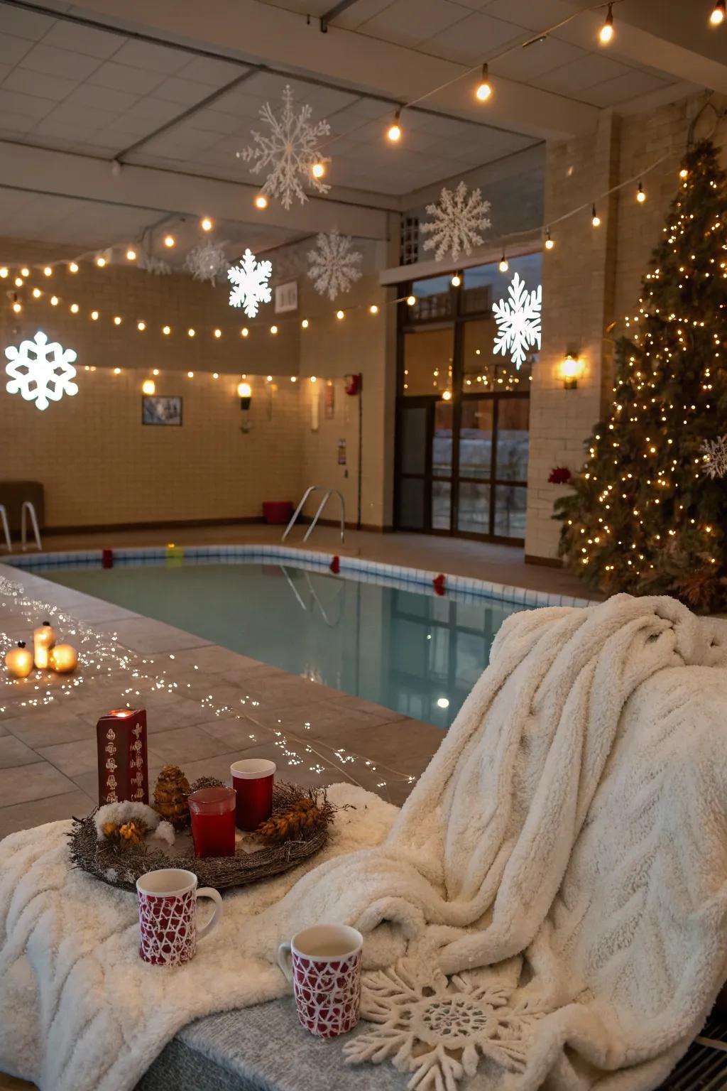 Transform your indoor pool area into a snug winter escape with refined winter ornaments.
